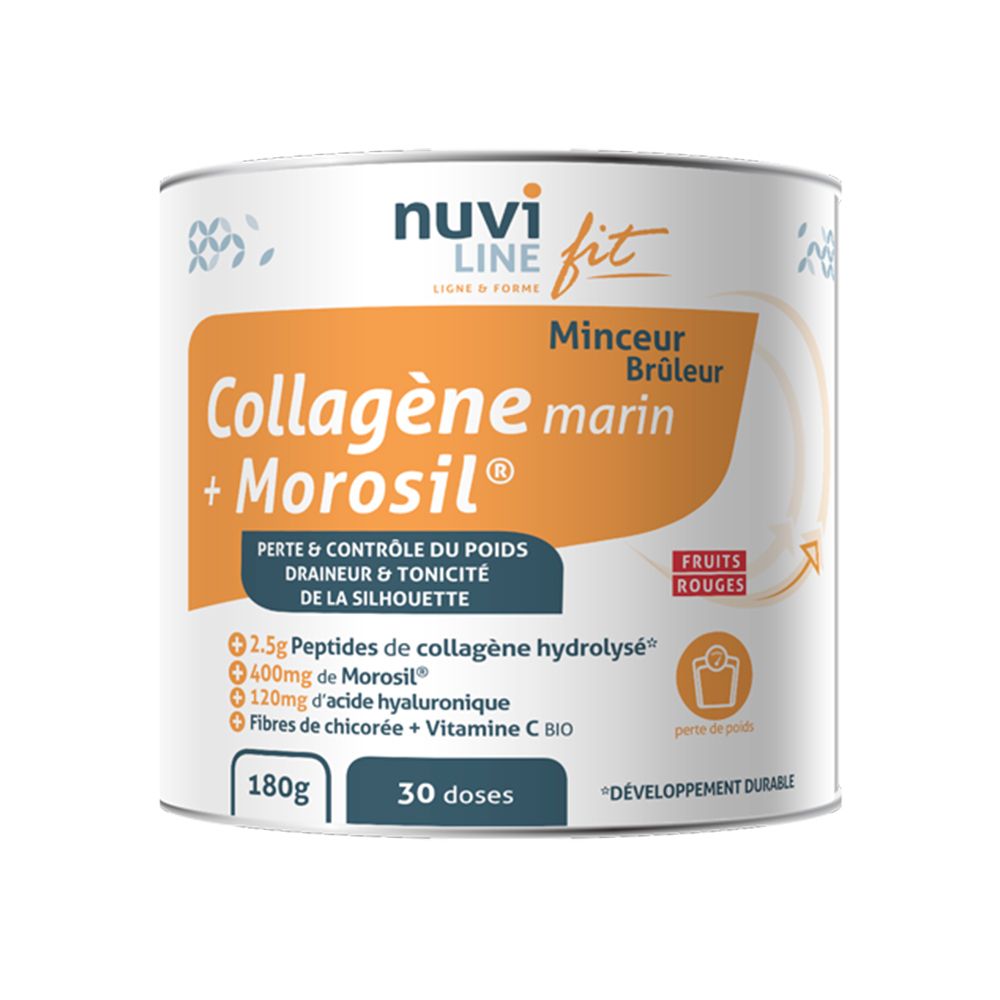 Boîte ronde NUVILINE Collagène Marin + Morosil. Étiquette orange avec informations produit. 180g, 30 doses.