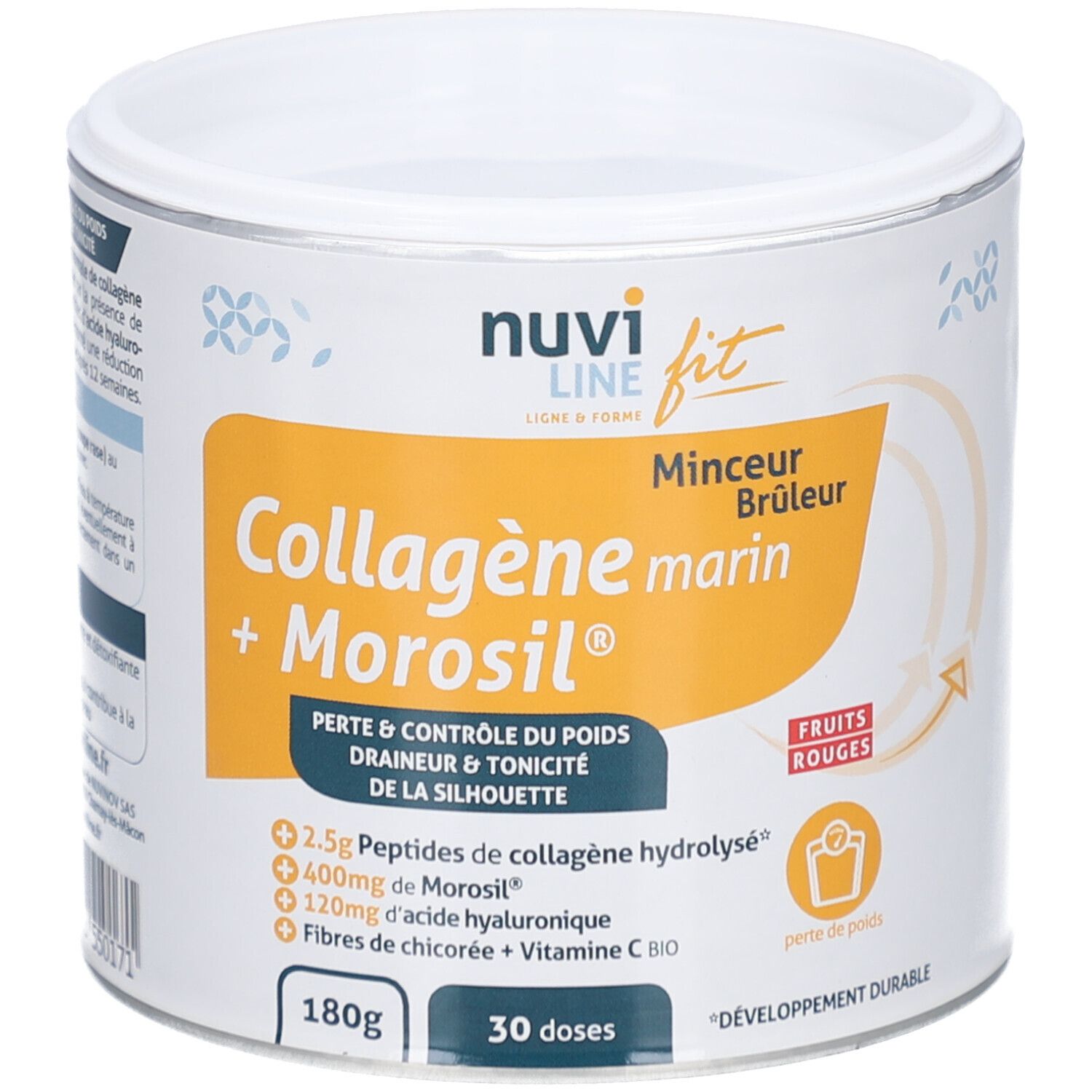 Boîte blanche et dorée avec nom du produit et ingrédients. Inscription: Collagène marin + Morosil. 180g, 30 doses.