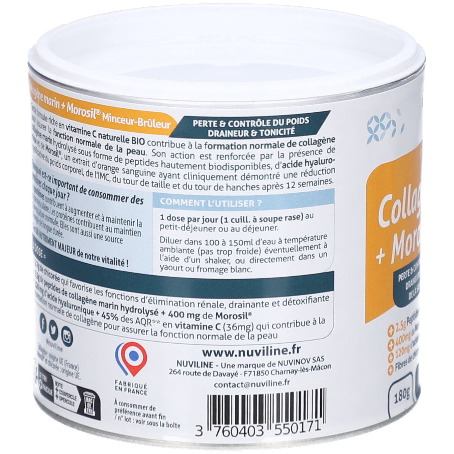 Dos de la boîte avec informations produit. Texte: Perte & contrôle du poids. Adresse fabricant et code-barres.