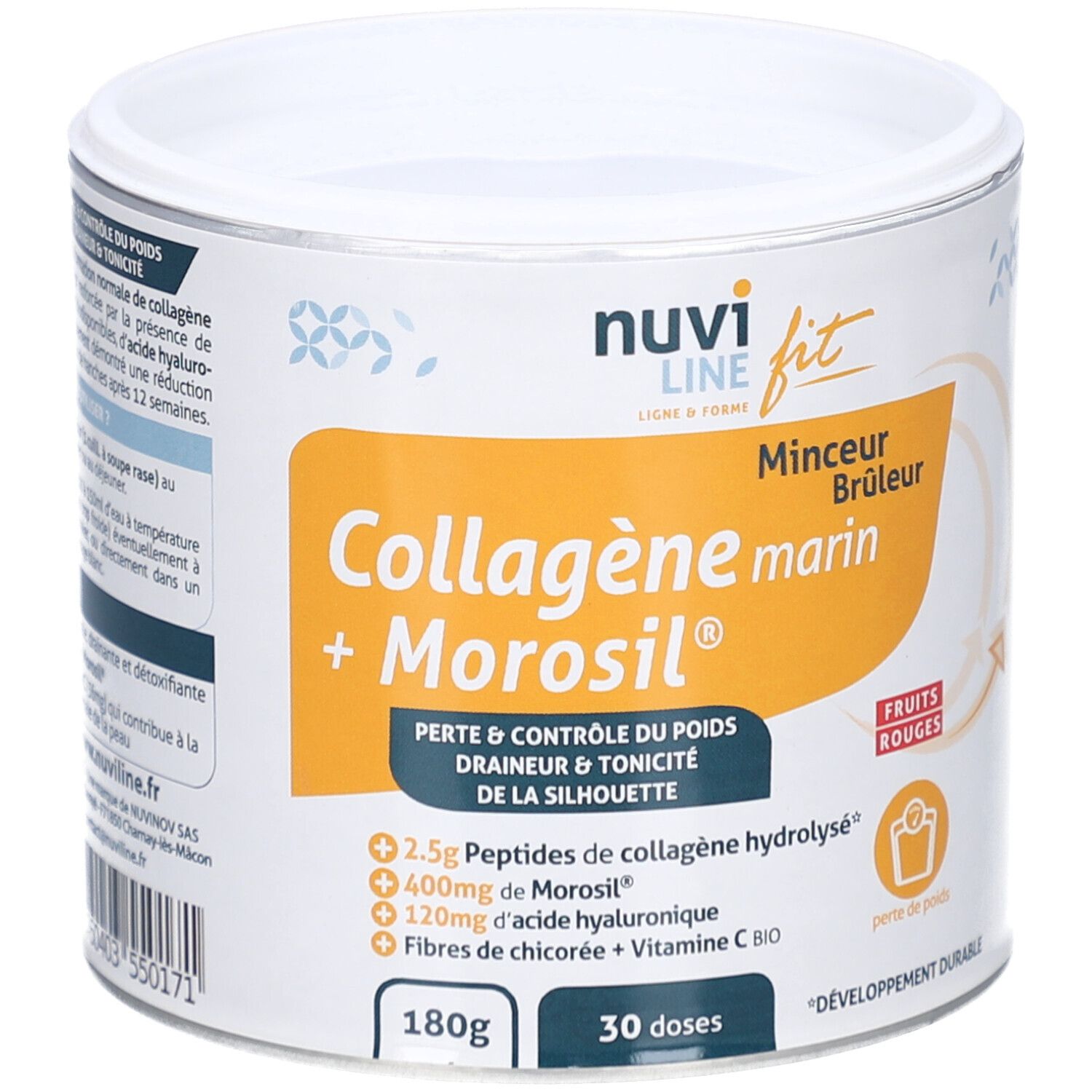 Boîte blanche et dorée avec nom du produit et ingrédients. Inscription: Collagène marin + Morosil. 180g, 30 doses.