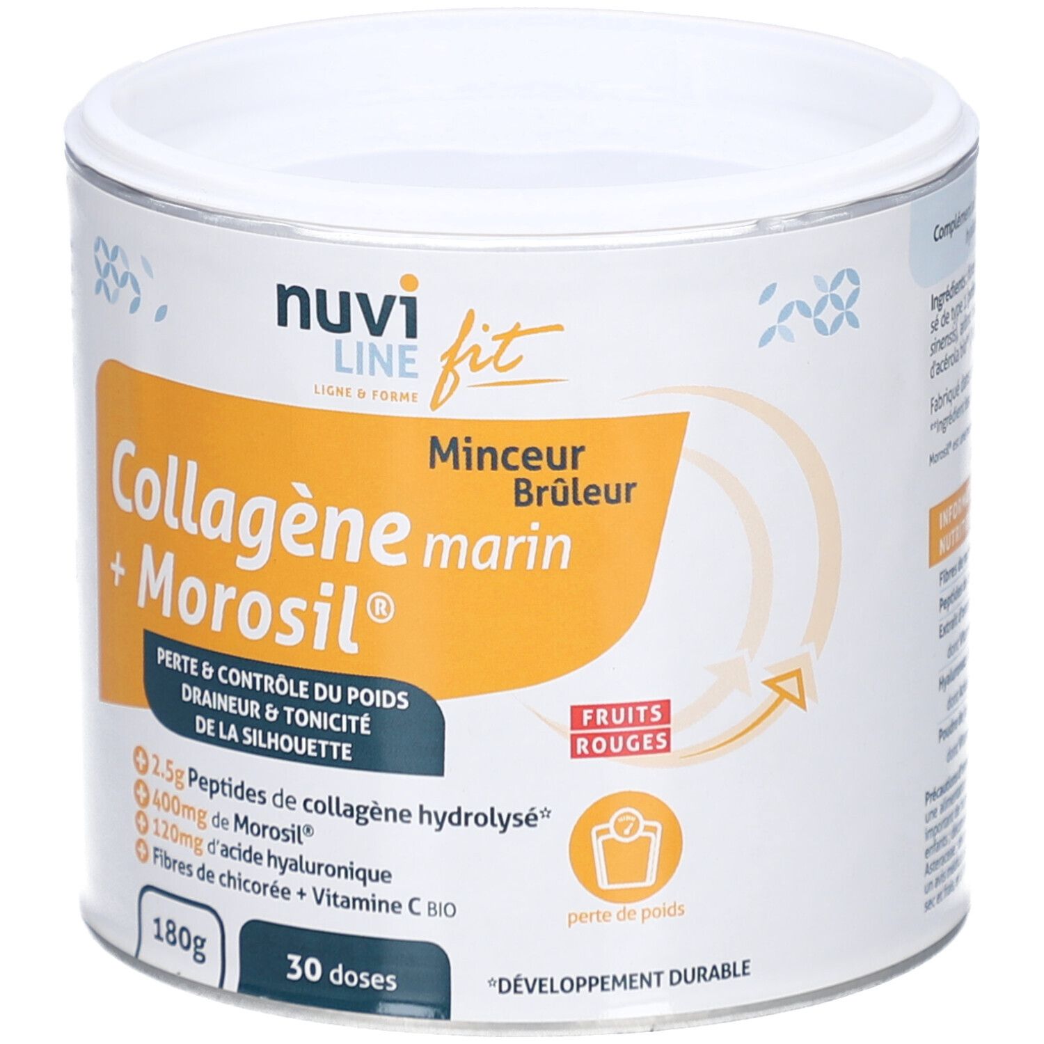 Boîte blanche et dorée avec nom du produit et ingrédients. Inscription: Collagène marin + Morosil. 180g, 30 doses.