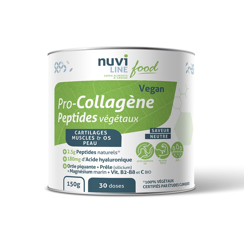 Boîte NUVI LINE Pro-Collagen Peptide, vegan. Inscription : Cartilages, muscles & peau. 150g, 30 doses. Saveur neutre.