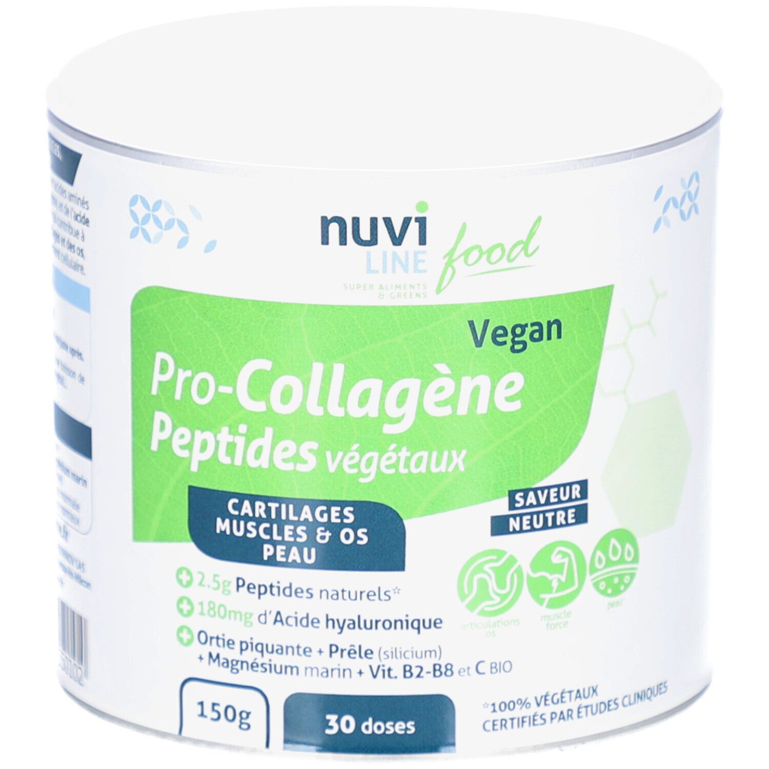Boîte cylindrique. Inscription: Nuviline Pro-Collagen, vegan, saveur neutre. 150g, 30 doses. Certifié études cliniques.