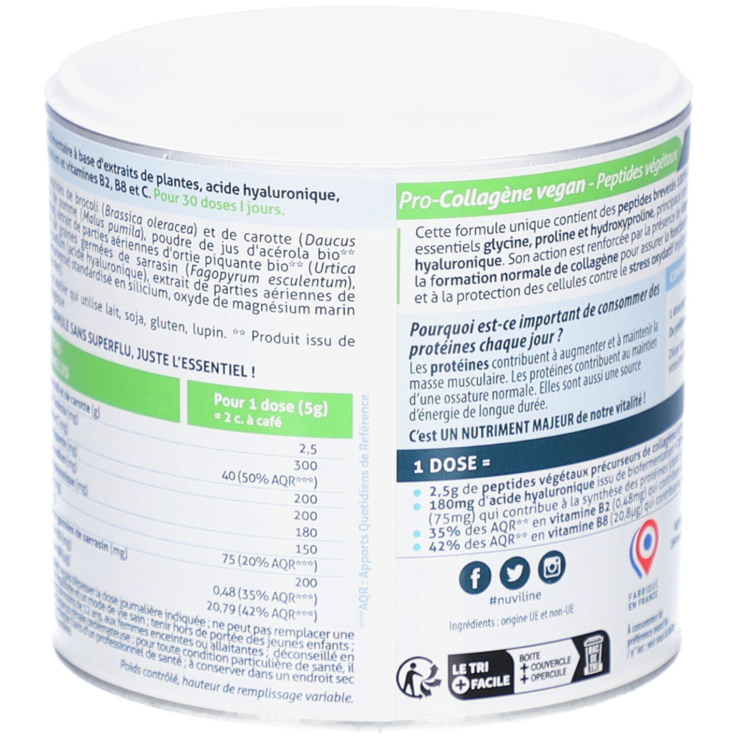 Dos de la boîte. Texte: ingrédients, informations nutritionnelles, conseils d'utilisation. Certification vegan.