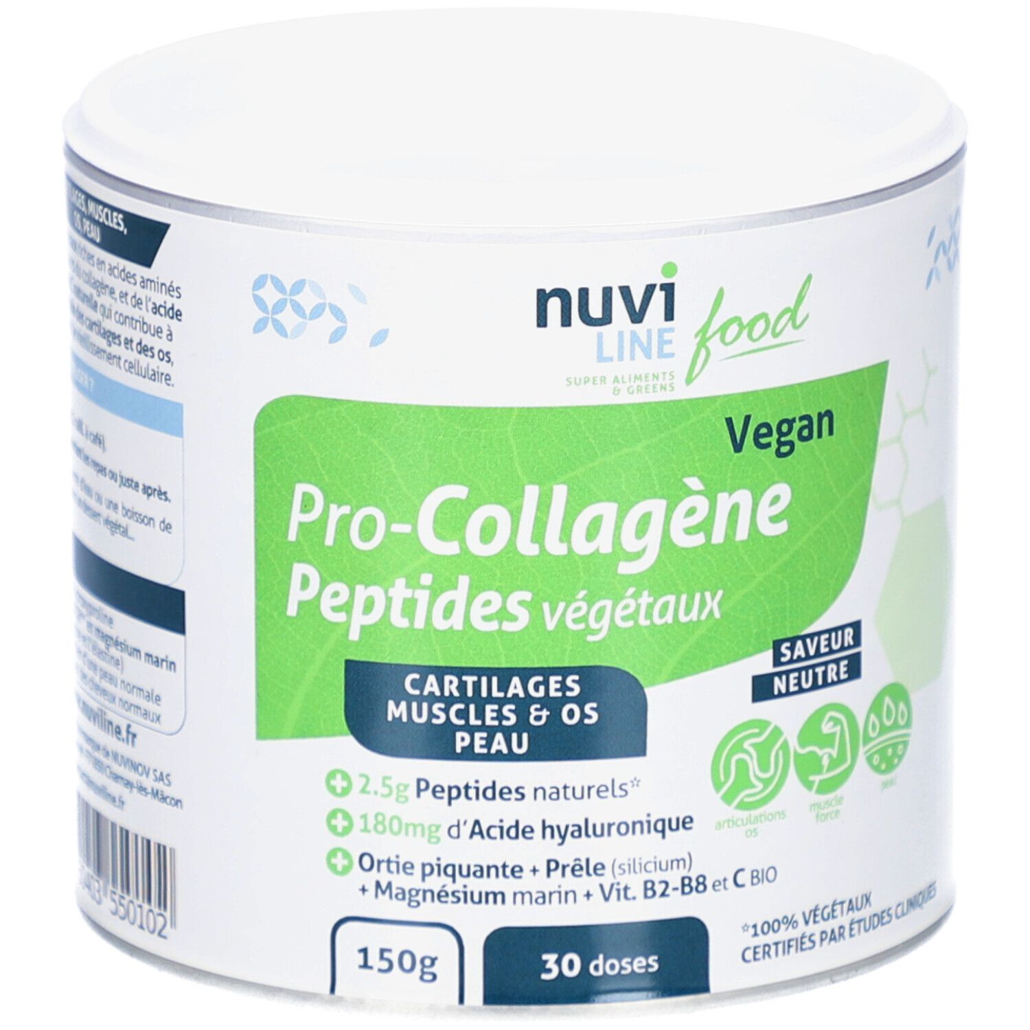 Boîte cylindrique. Inscription: Nuviline Pro-Collagen, vegan, saveur neutre. 150g, 30 doses.
