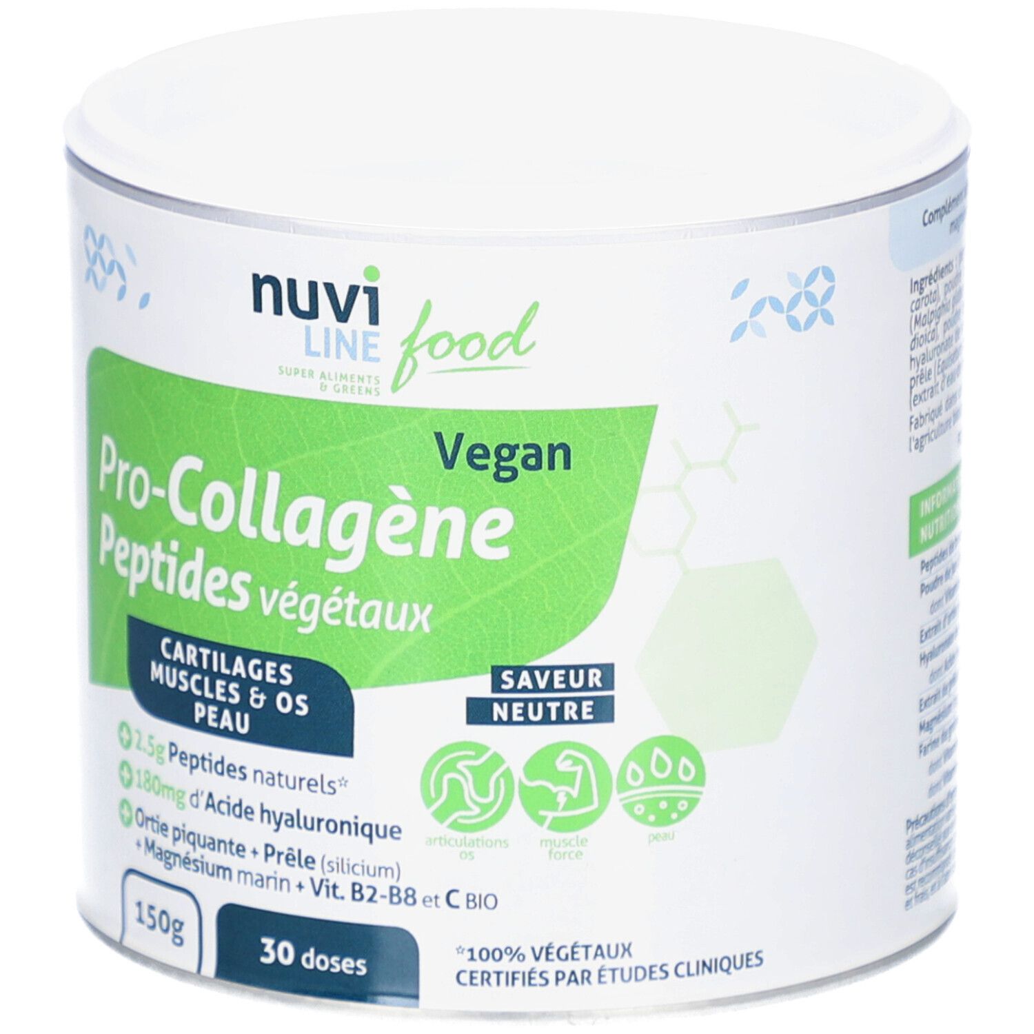 Boîte cylindrique. Inscription: Nuviline Pro-Collagen, vegan, saveur neutre. 150g, 30 doses.