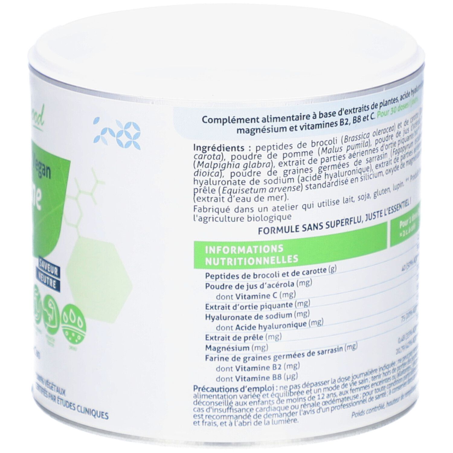 Dos de la boîte. Texte: ingrédients, informations nutritionnelles. Certification vegan. Fabriqué en France.