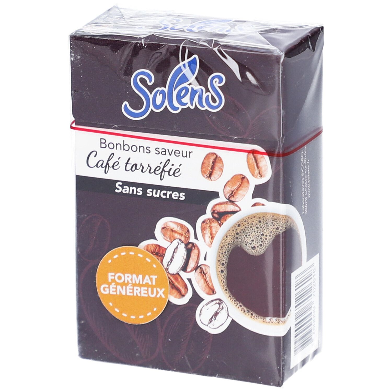 Boîte de Solens Café sans sucres. Inscription: Bonbons saveur Café torréfié, Sans sucres. Illustration de grains de café et tasse de café.