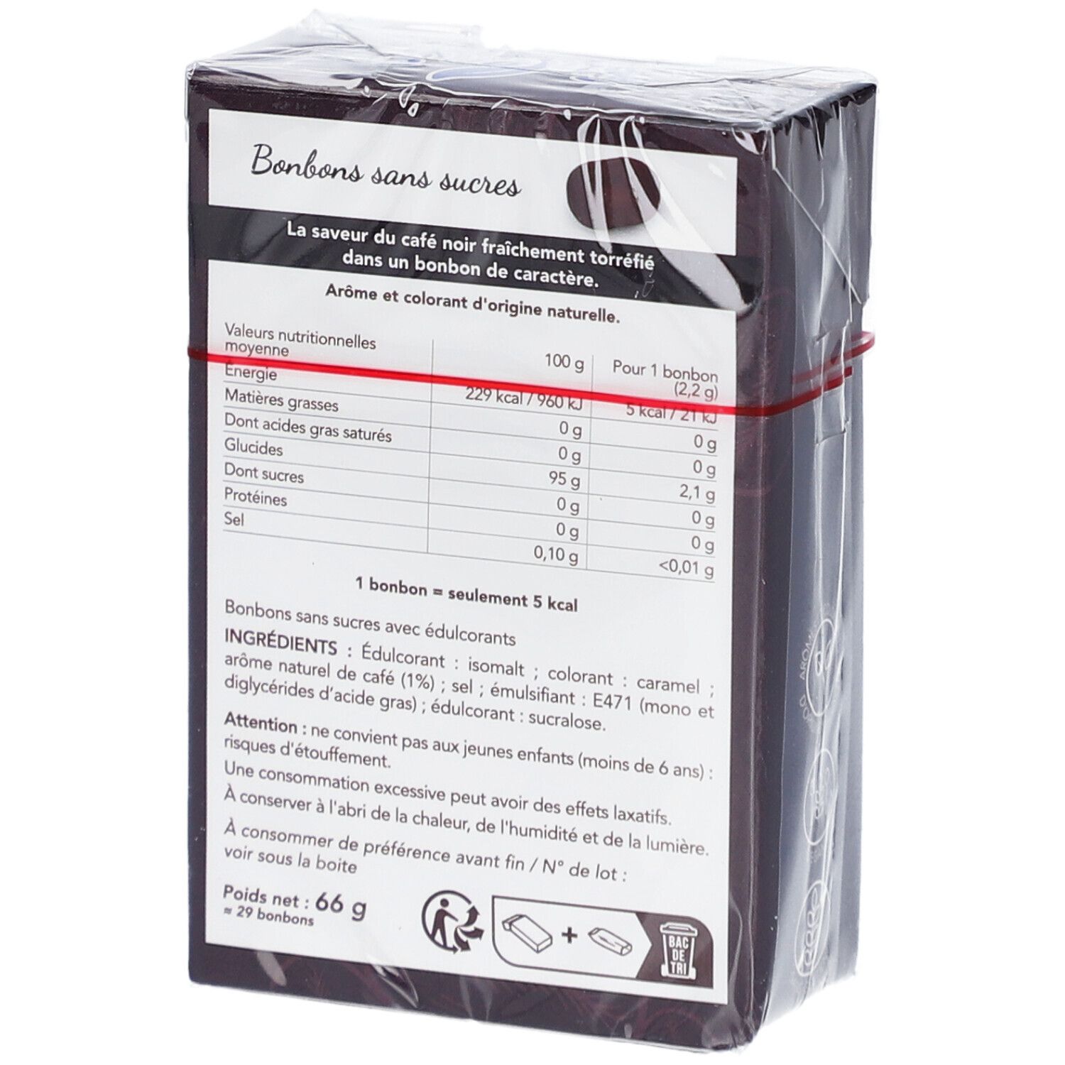 Dos de la boîte de Solens Café sans sucres. Informations nutritionnelles, liste des ingrédients, avertissements. Poids: 66 g, 29 bonbons.
