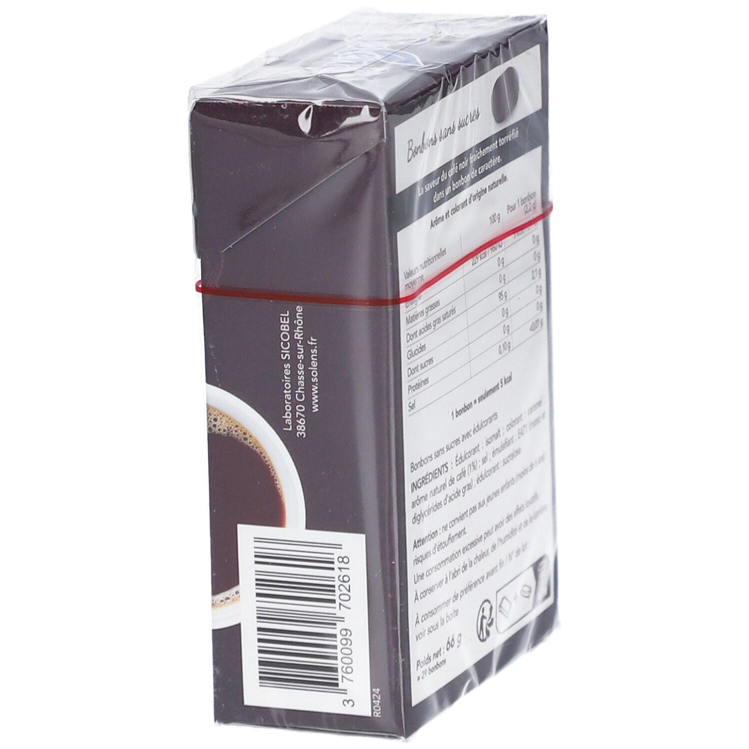 Vue latérale de la boîte de Solens Café sans sucres. Informations nutritionnelles, liste des ingrédients. Code-barres. Adresse du fabricant: SICOREL.