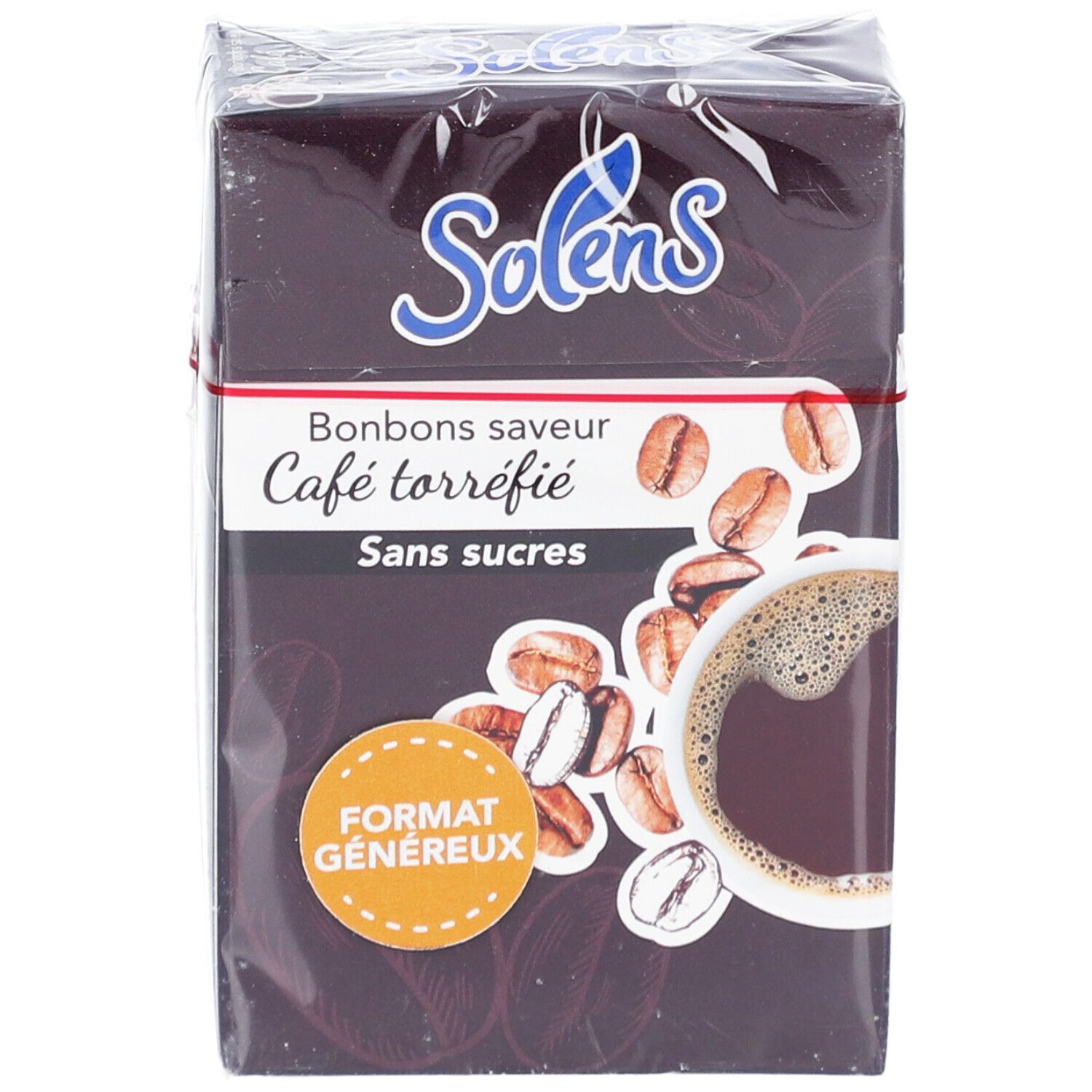 Boîte de Solens Café sans sucres. Inscription: Bonbons saveur Café torréfié, Sans sucres. Illustration de grains de café et tasse de café. Format généreux.