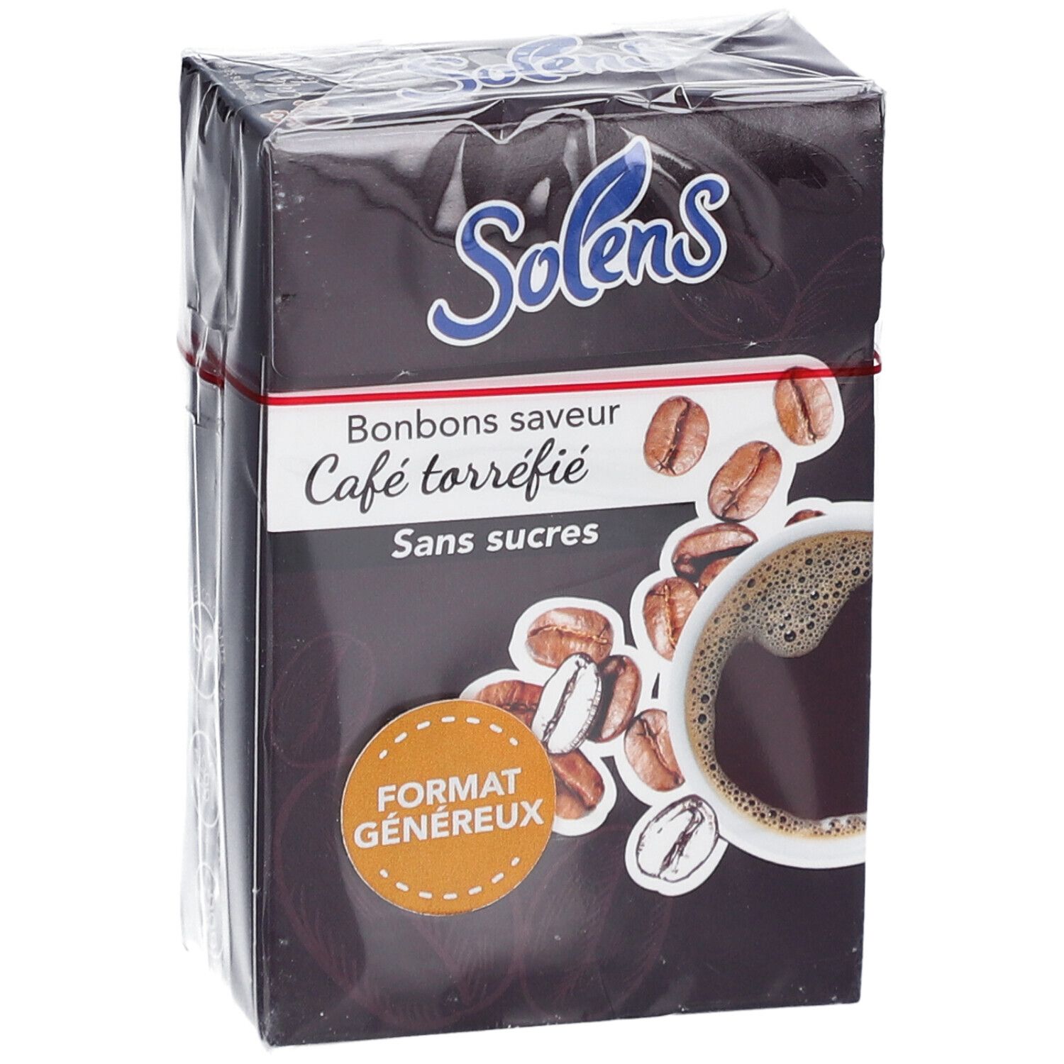 Boîte de Solens Café sans sucres. Inscription: Bonbons saveur Café torréfié, Sans sucres. Illustration de grains de café et tasse de café. Format généreux.