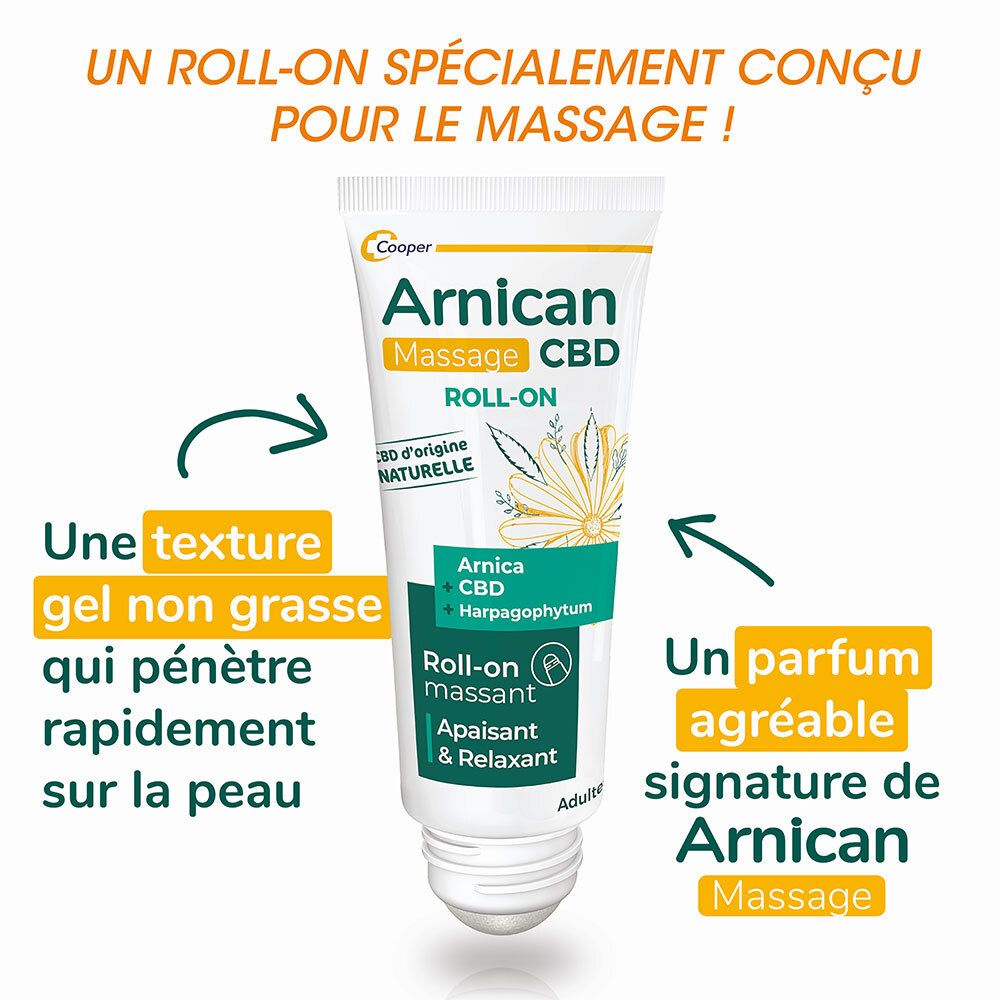 Roll-on. Texte : Arnican Massage CBD Roll-on. Texture gel non grasse, parfum agréable.