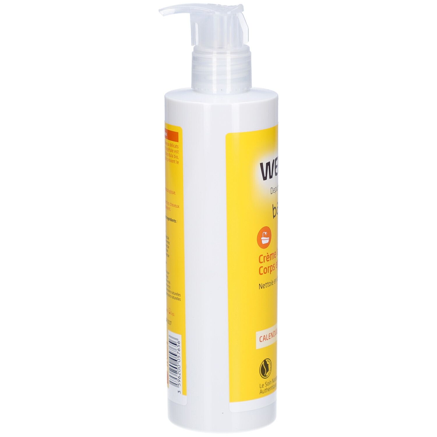 Flacon blanc avec étiquette jaune. Vue latérale. Inscription: WELEDA baby Crème lavante Corps et Cheveux Calendula. Avec distributeur.