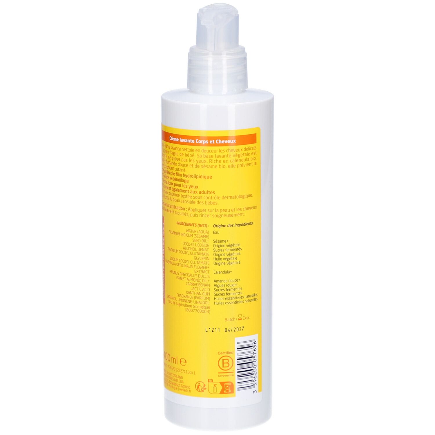 Dos du flacon blanc avec étiquette jaune. Texte en plusieurs langues. Inscription: Ingrédients. Avec distributeur.