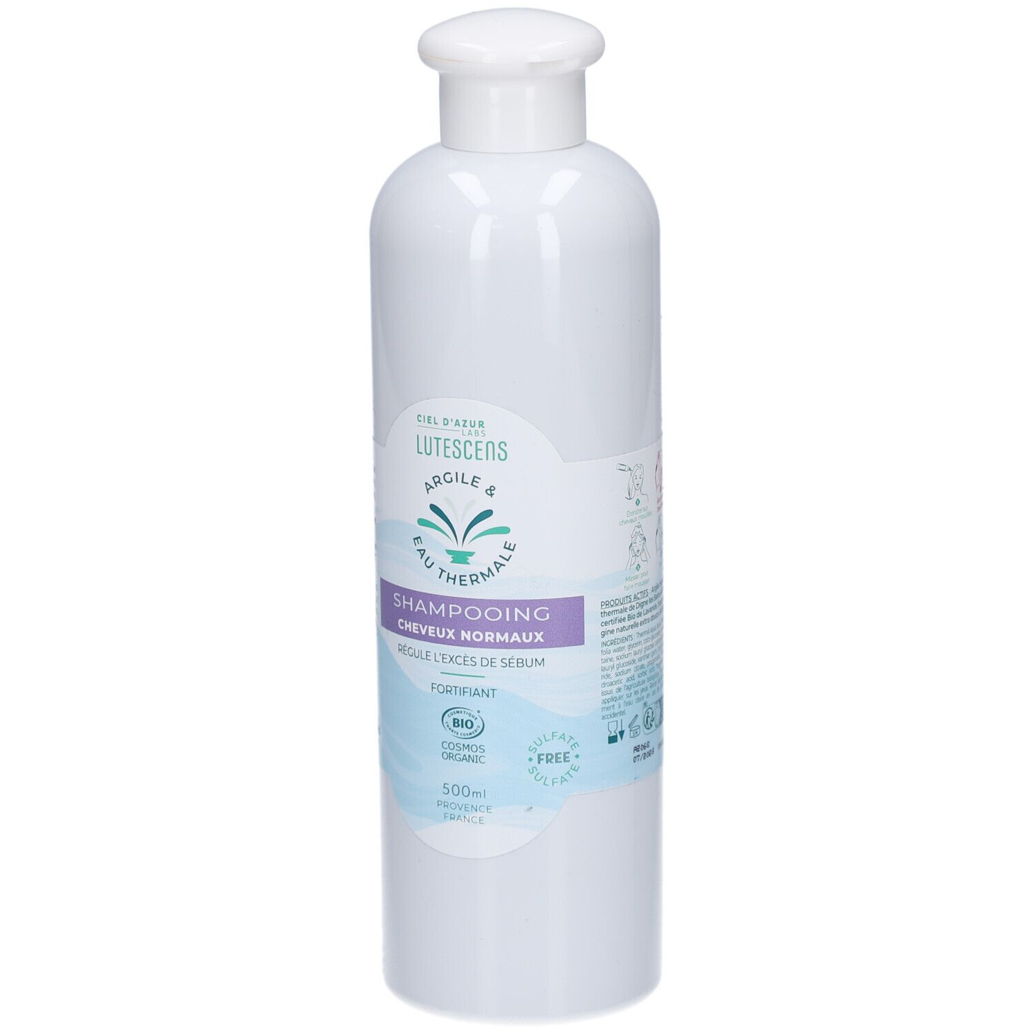 Flacon de shampooing blanc Lutescens. Inscription: Shampooing Cheveux Normaux. Certifié bio. Contient de l'argile et de l'eau thermale.