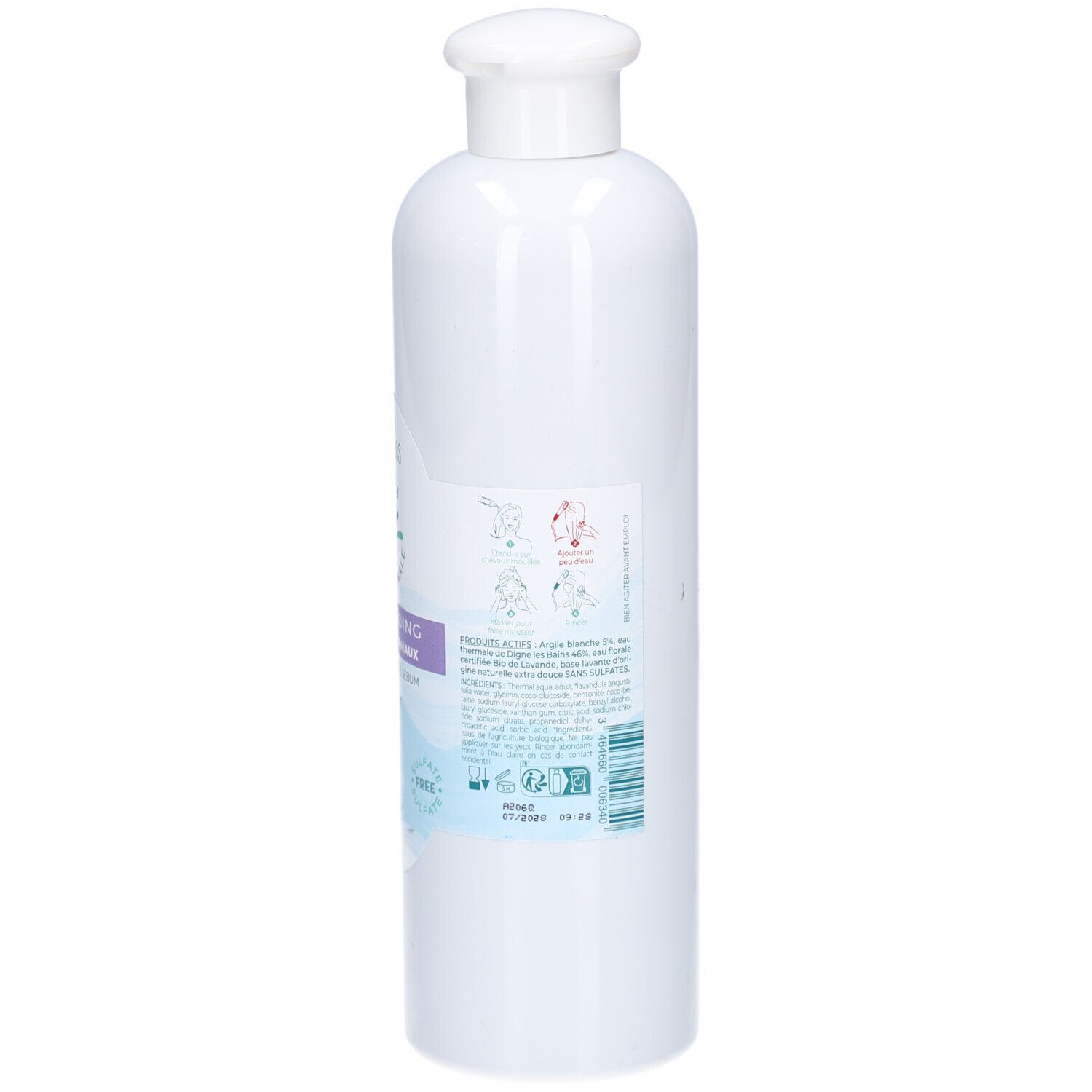 Dos du flacon de shampooing blanc. Textes descriptifs. Logo de certification bio. Informations sur les ingrédients et le fabricant.