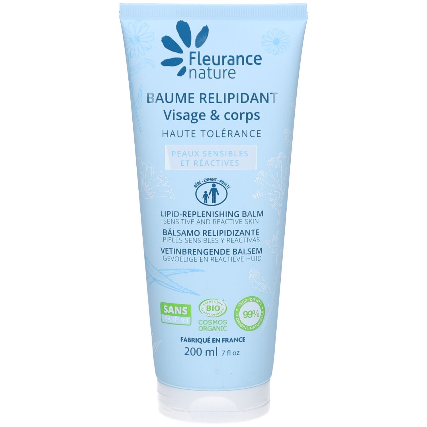 Tube bleu clair. Nom du produit et logo. Texte: Baume Relipidant, Visage & corps, Haute tolérance. Labels bio.