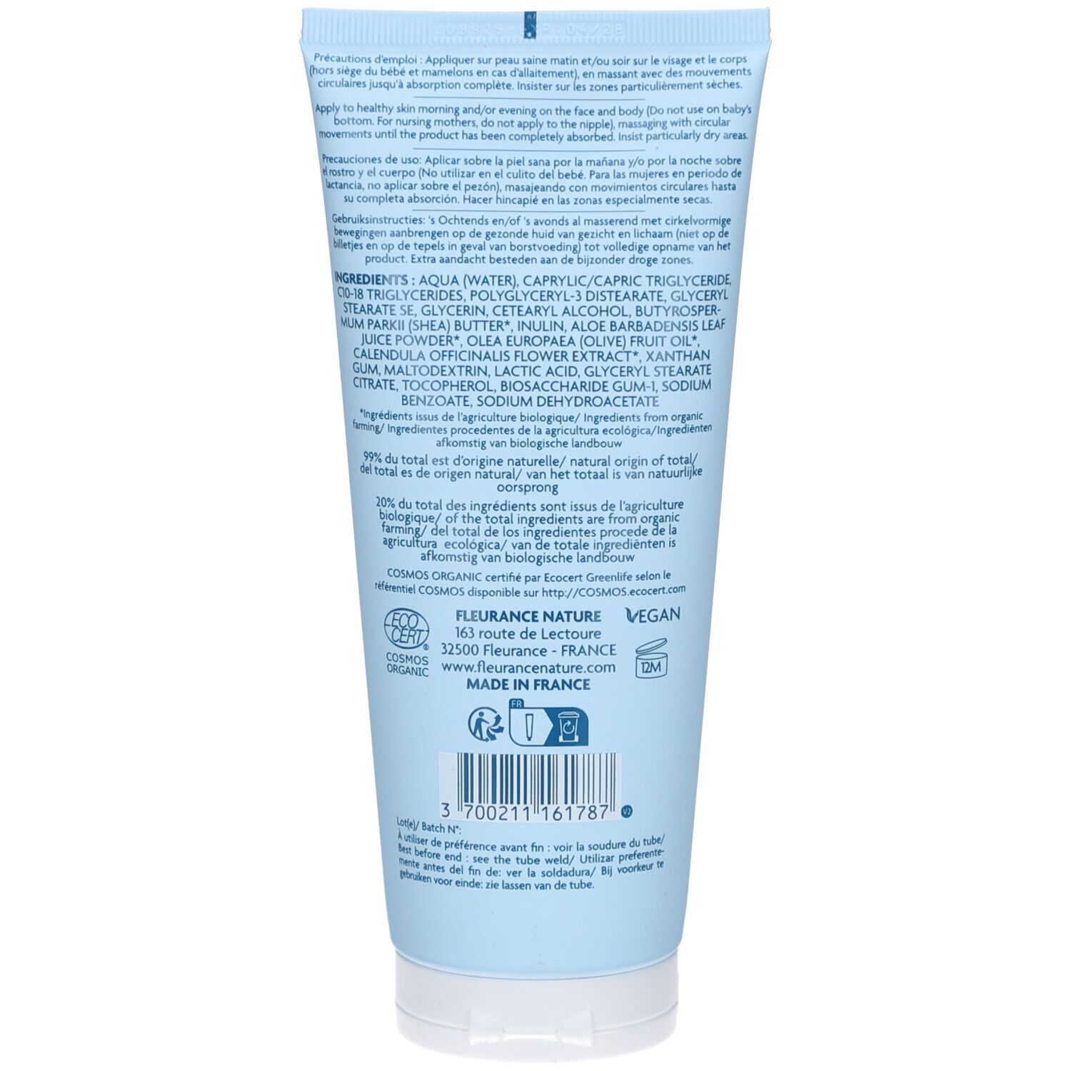 Dos du tube. Texte: Ingrédients, origine, labels bio, logo vegan. Adresse du fabricant et code-barres.