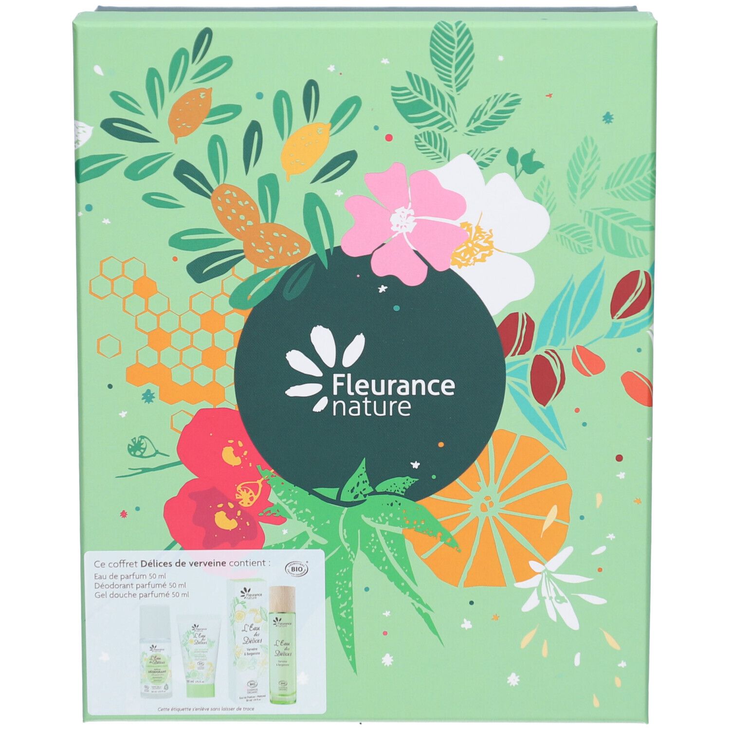 Coffret cadeau vert avec motifs floraux. Contient trois produits : Eau de Parfum, déodorant, gel douche. Marque : Fleurance nature.