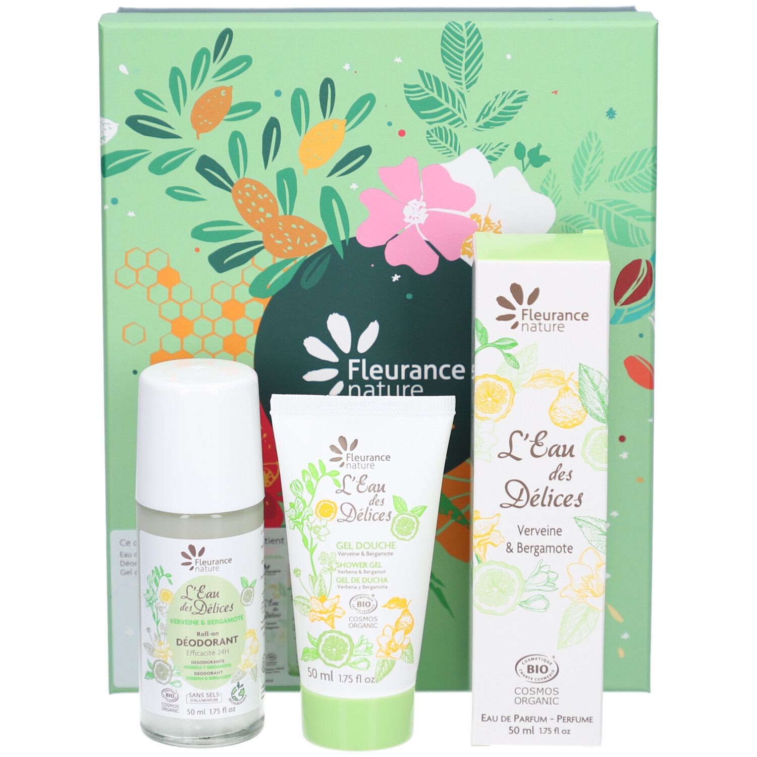 Trois produits devant un coffret cadeau. Contient : déodorant, gel douche, Eau de Parfum. Marque : Fleurance nature. Certification bio.