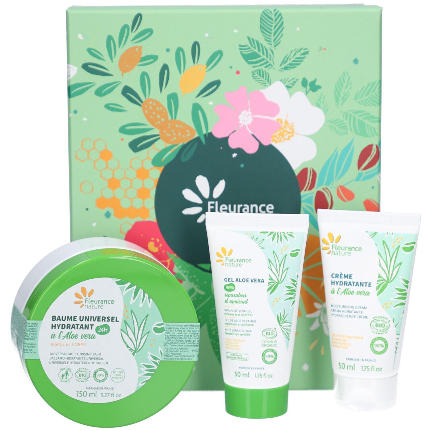 Coffret avec boîte verte, trois produits et logo "Fleurance nature".