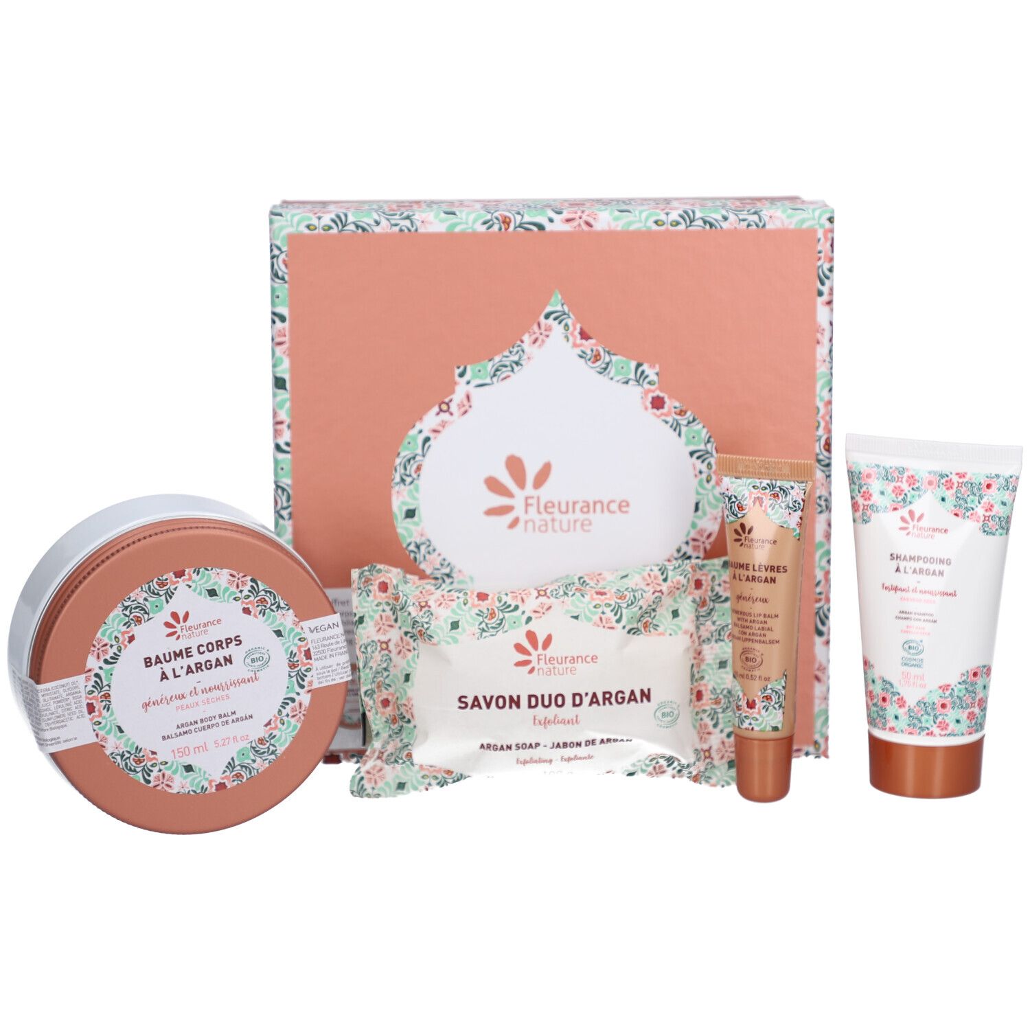 Coffret cadeau avec motif floral. Contient baume corps, savon, baume à lèvres et shampooing. Label bio.