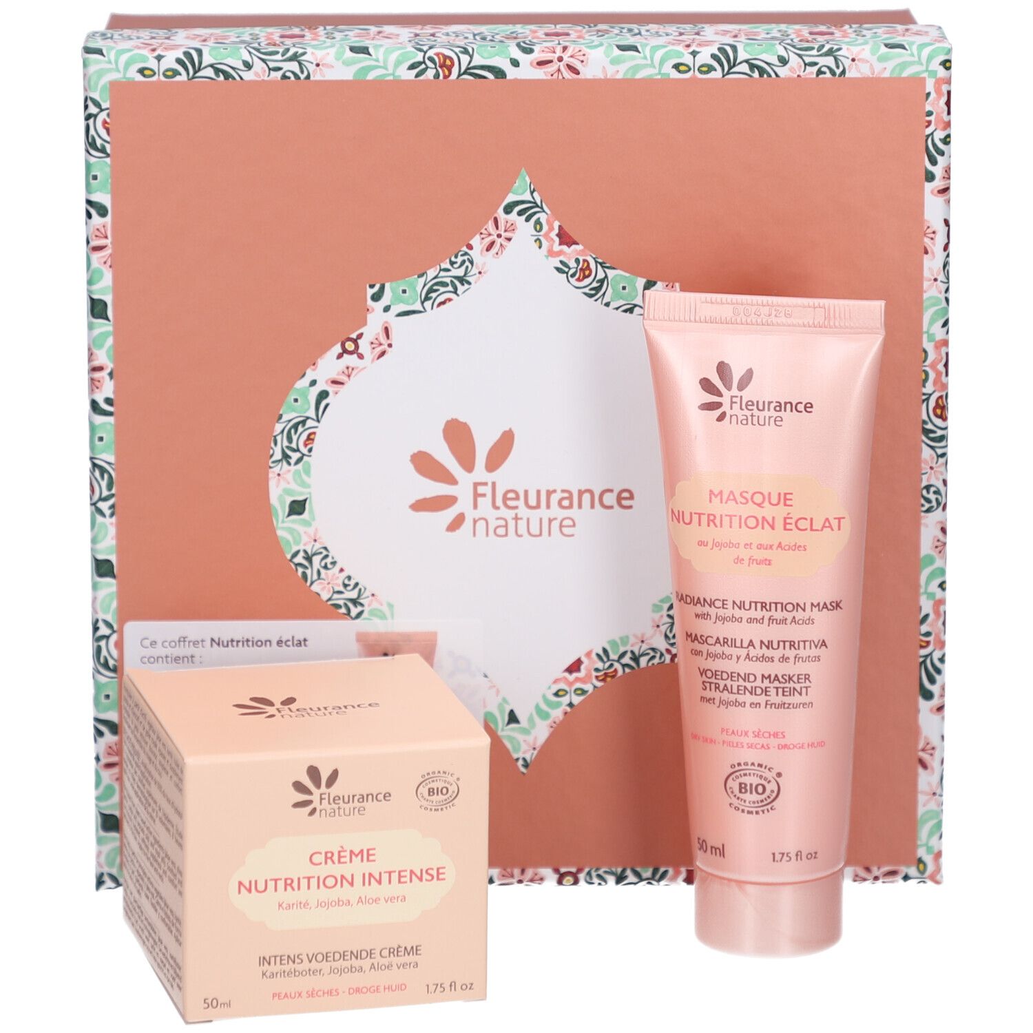 Produits cosmétiques en coffret cadeau. Contient crème et masque. Inscription: Fleurance nature, Crème Nutrition Intense, Masque Nutrition éclat.