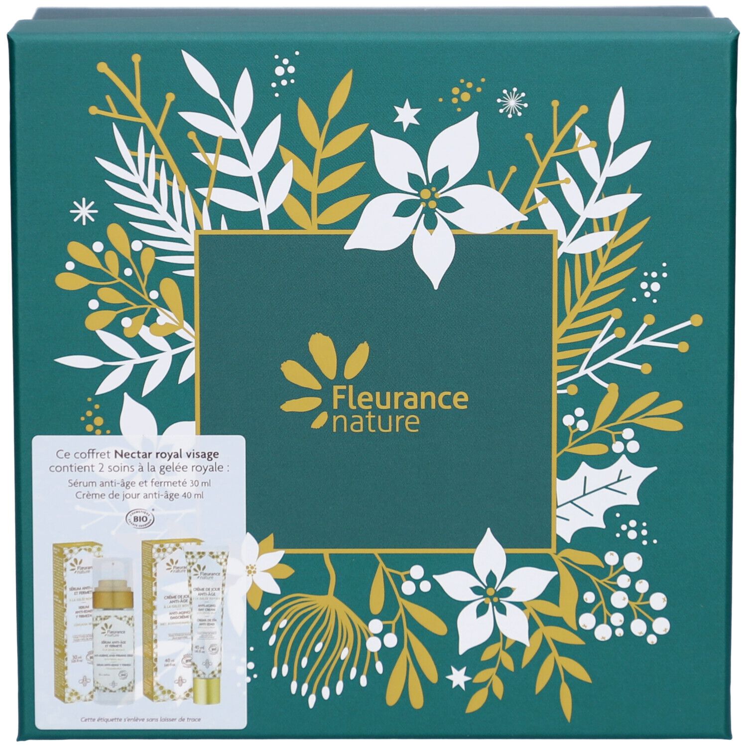 Coffret cadeau vert avec décor floral. Contient deux produits: sérum et crème de jour. Marque: Fleurance nature.