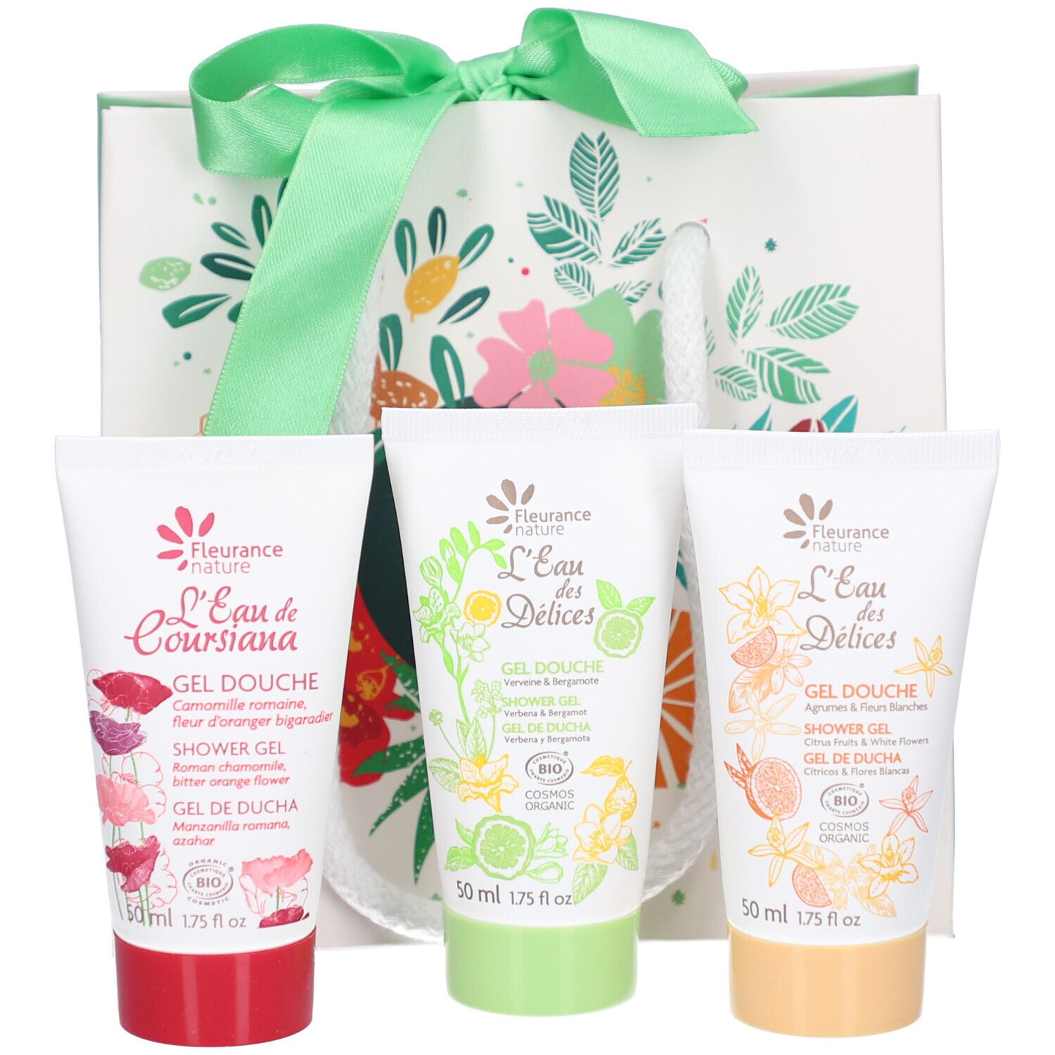 Sac cadeau avec trois tubes de gel douche. Chaque tube a un design et une couleur différents. Marque : Fleurance Nature.