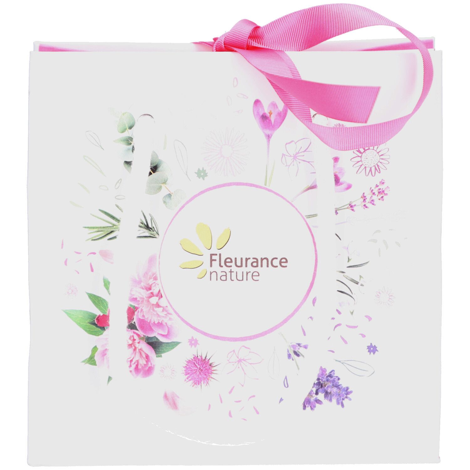 Sac cadeau blanc avec ruban rose. Motif floral et logo 'Fleurance nature'.