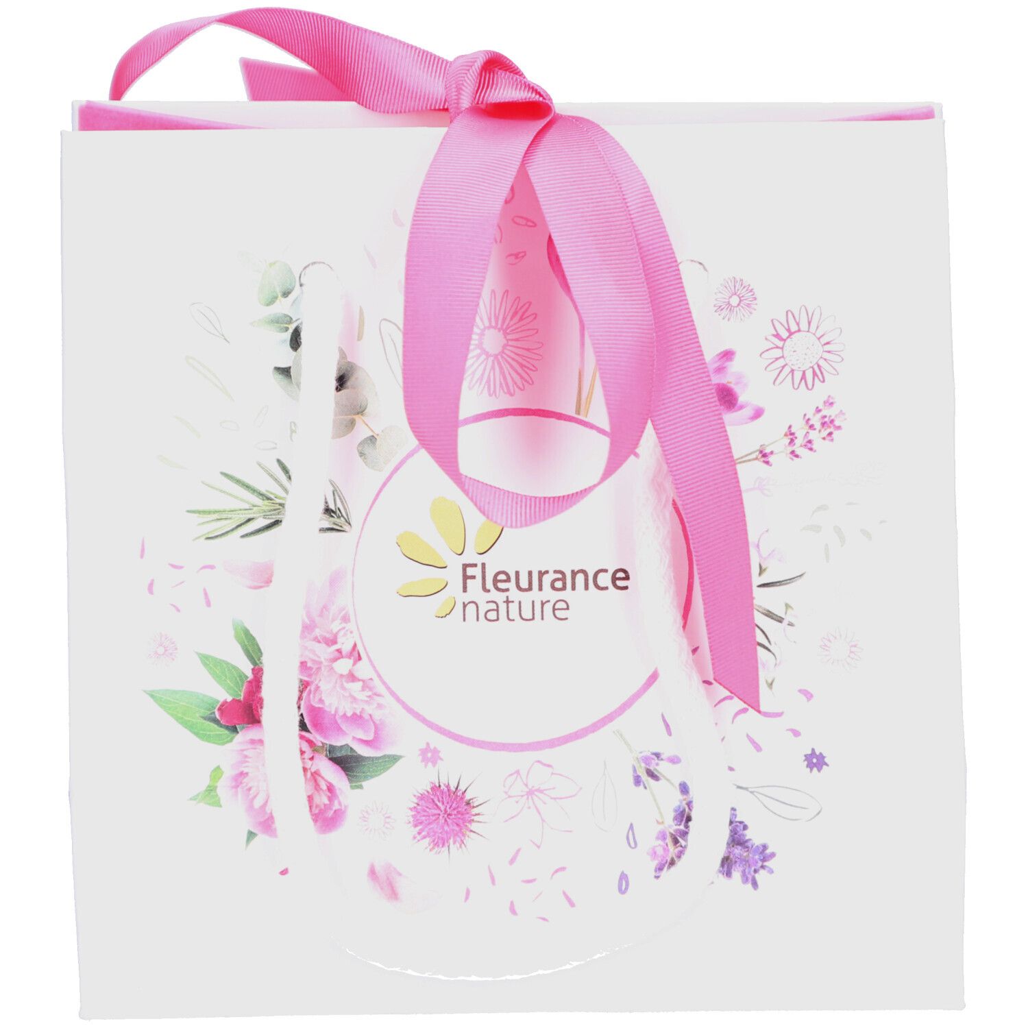 Sac cadeau blanc avec ruban rose. Motif floral et logo 'Fleurance nature'.