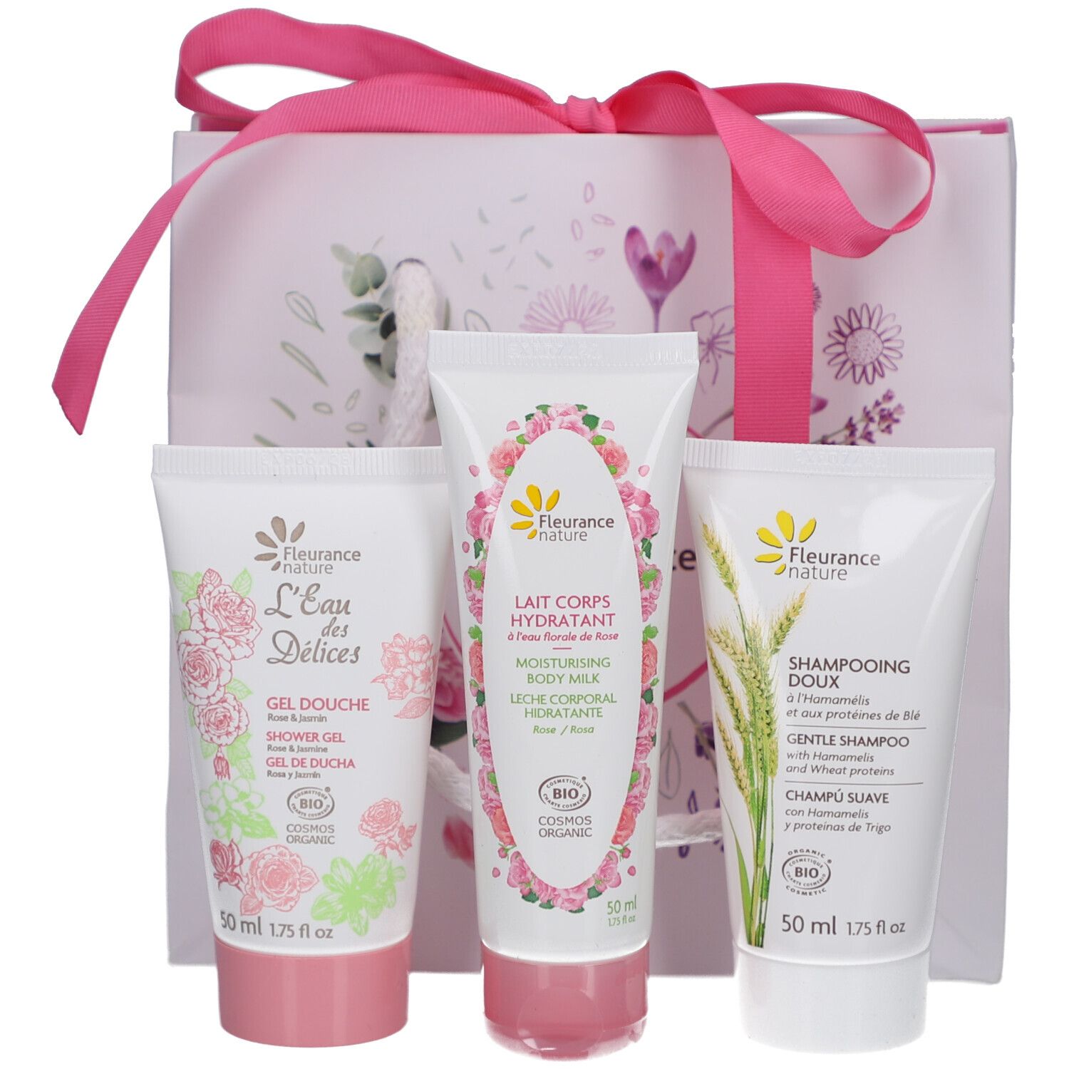 Coffret cadeau avec trois tubes et un sac. Produits : gel douche, lait corporel, shampooing. Logo Fleurance nature.