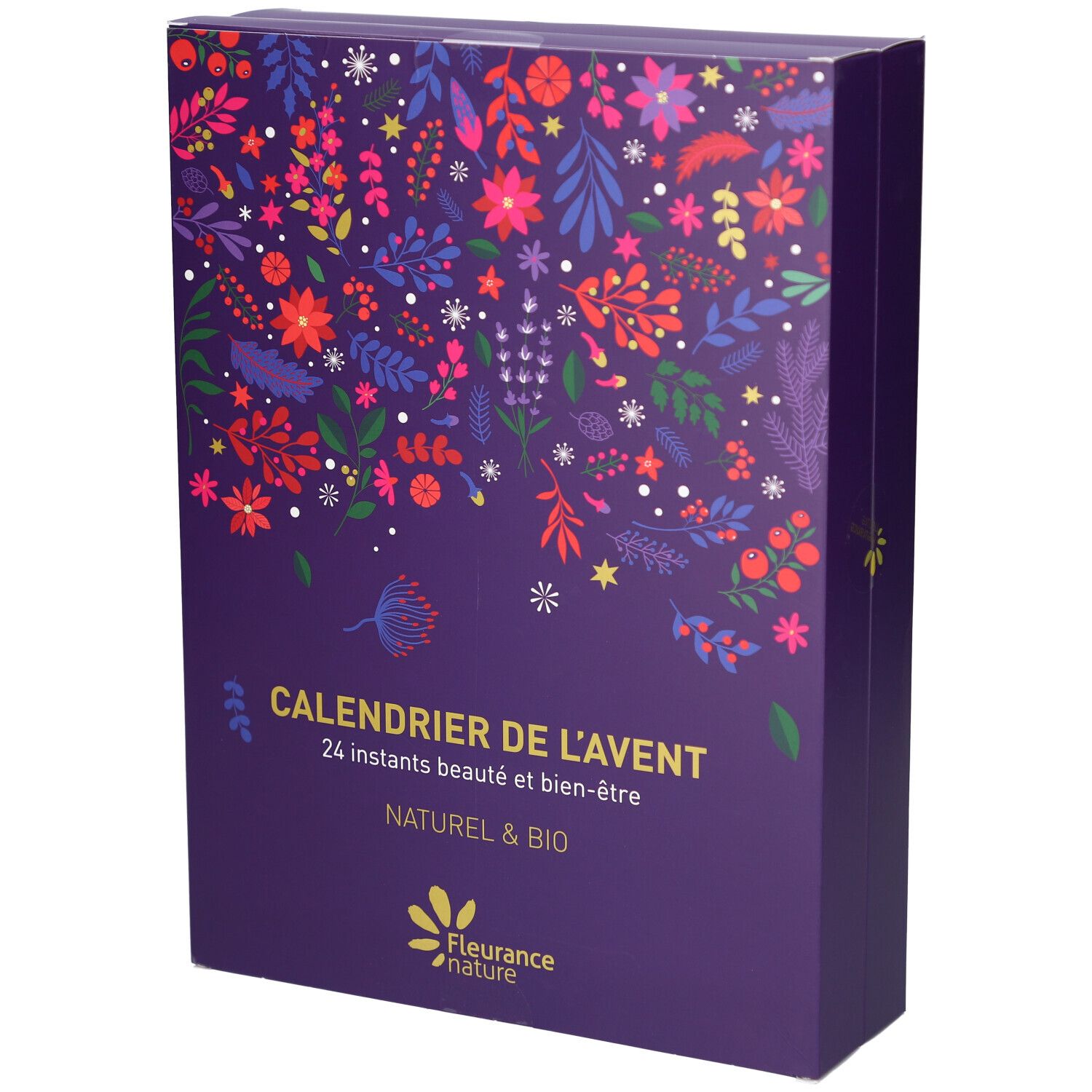 Calendrier de l'Avent violet avec motifs floraux. Texte: CALENDRIER DE L'AVENT, 24 instants beauté et bien-être, NATUREL & BIO. Logo: Fleurance nature.