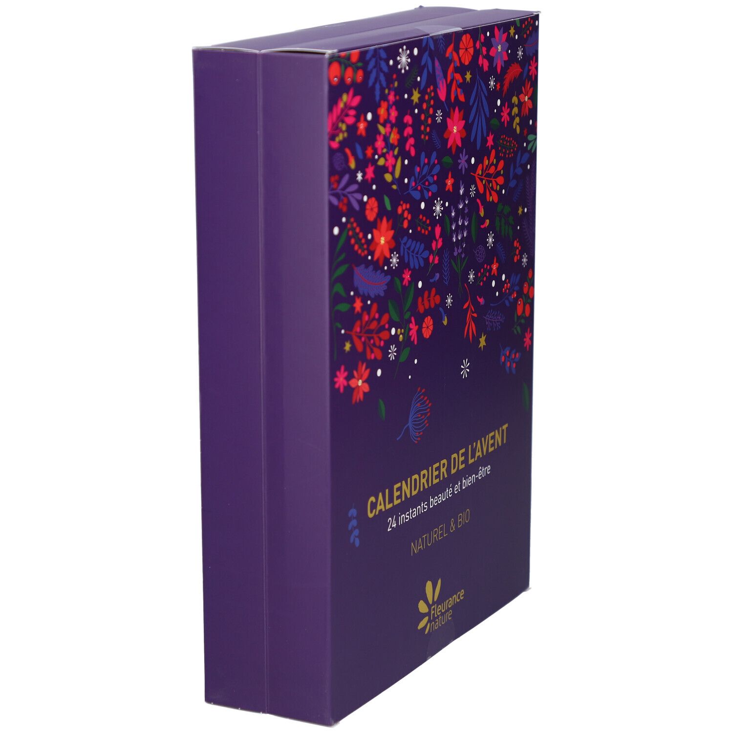 Vue latérale du calendrier de l'Avent violet avec motifs floraux. Texte: CALENDRIER DE L'AVENT. Logo: Fleurance nature.