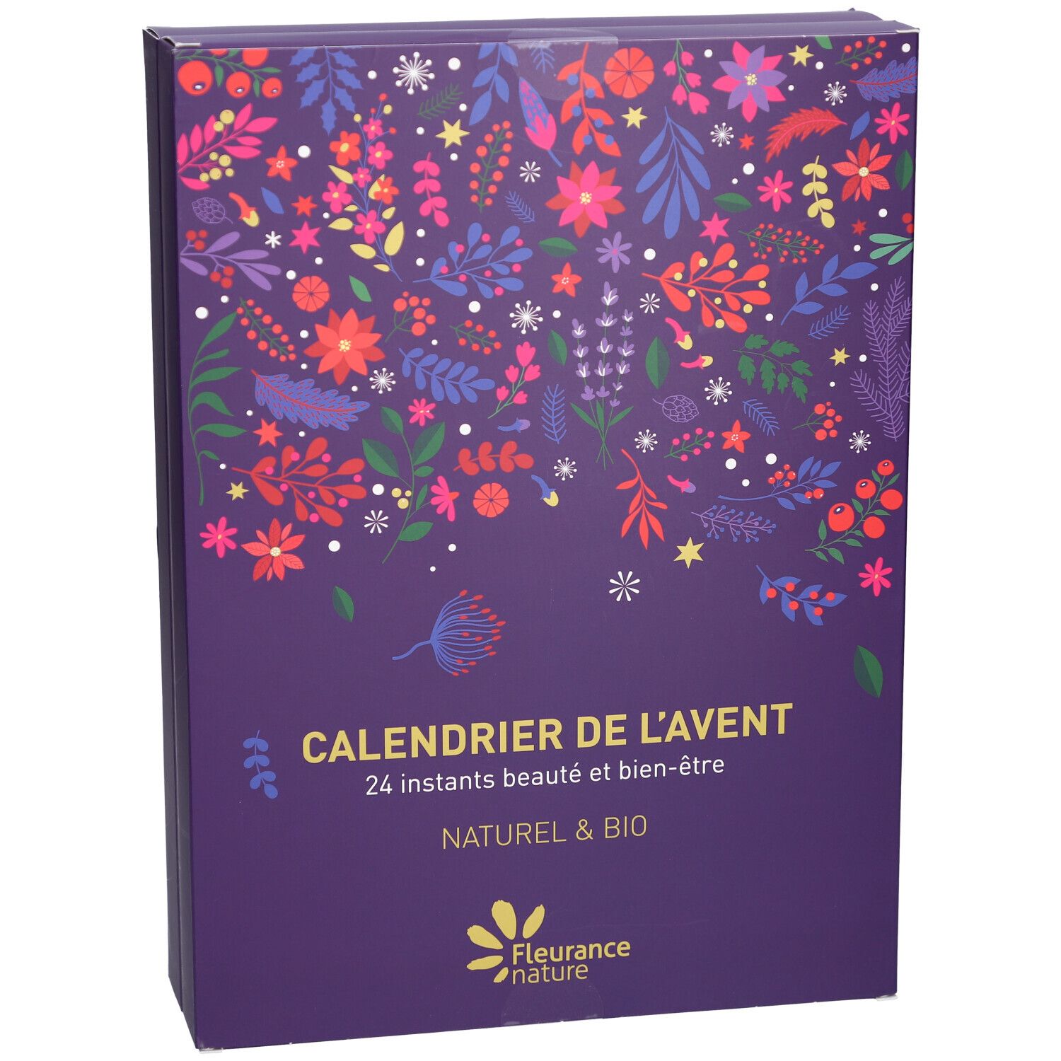 Vue de face du calendrier de l'Avent violet avec motifs floraux. Texte: CALENDRIER DE L'AVENT, 24 instants beauté et bien-être, NATUREL & BIO. Logo: Fleurance nature.