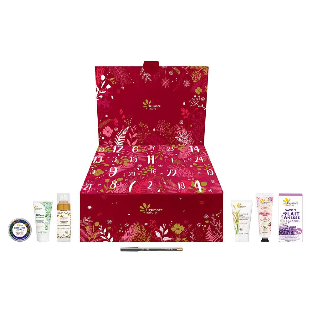 Calendrier de l'Avent rouge ouvert, produits cosmétiques visibles. Marque: Fleurance Nature. Numéros de 1 à 24.
