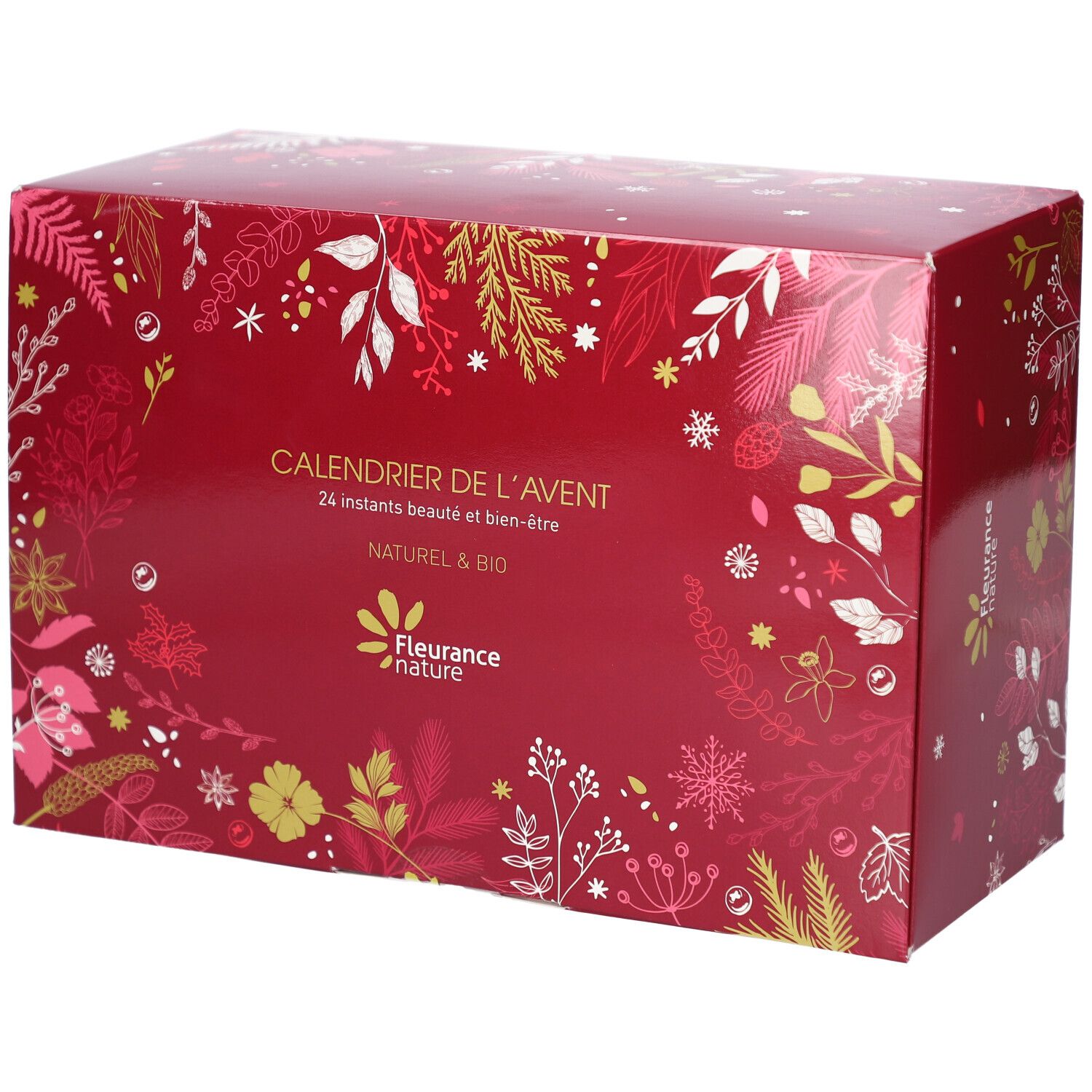 Boîte rouge de calendrier de l'Avent avec motifs floraux et texte. Inscription: CALENDRIER DE L'AVENT, FLEURANCE NATURE.