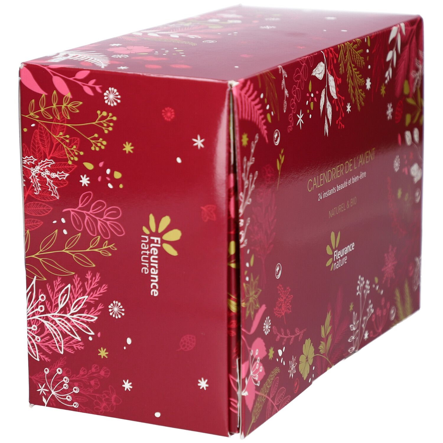 Boîte rouge de calendrier de l'Avent, vue latérale. Motifs floraux et texte. Inscription: FLEURANCE NATURE.