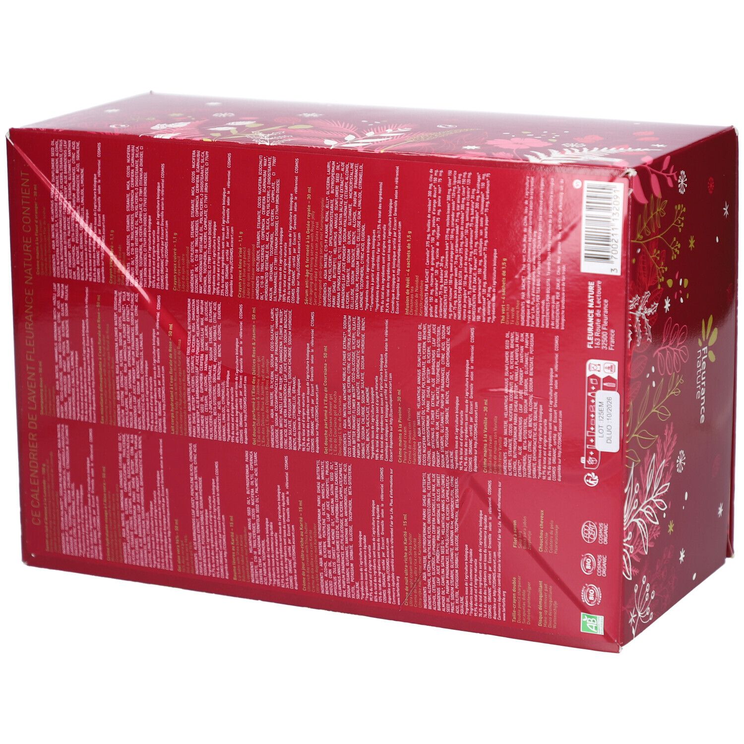 Boîte rouge de calendrier de l'Avent, dos avec texte. Emballée dans du film transparent.