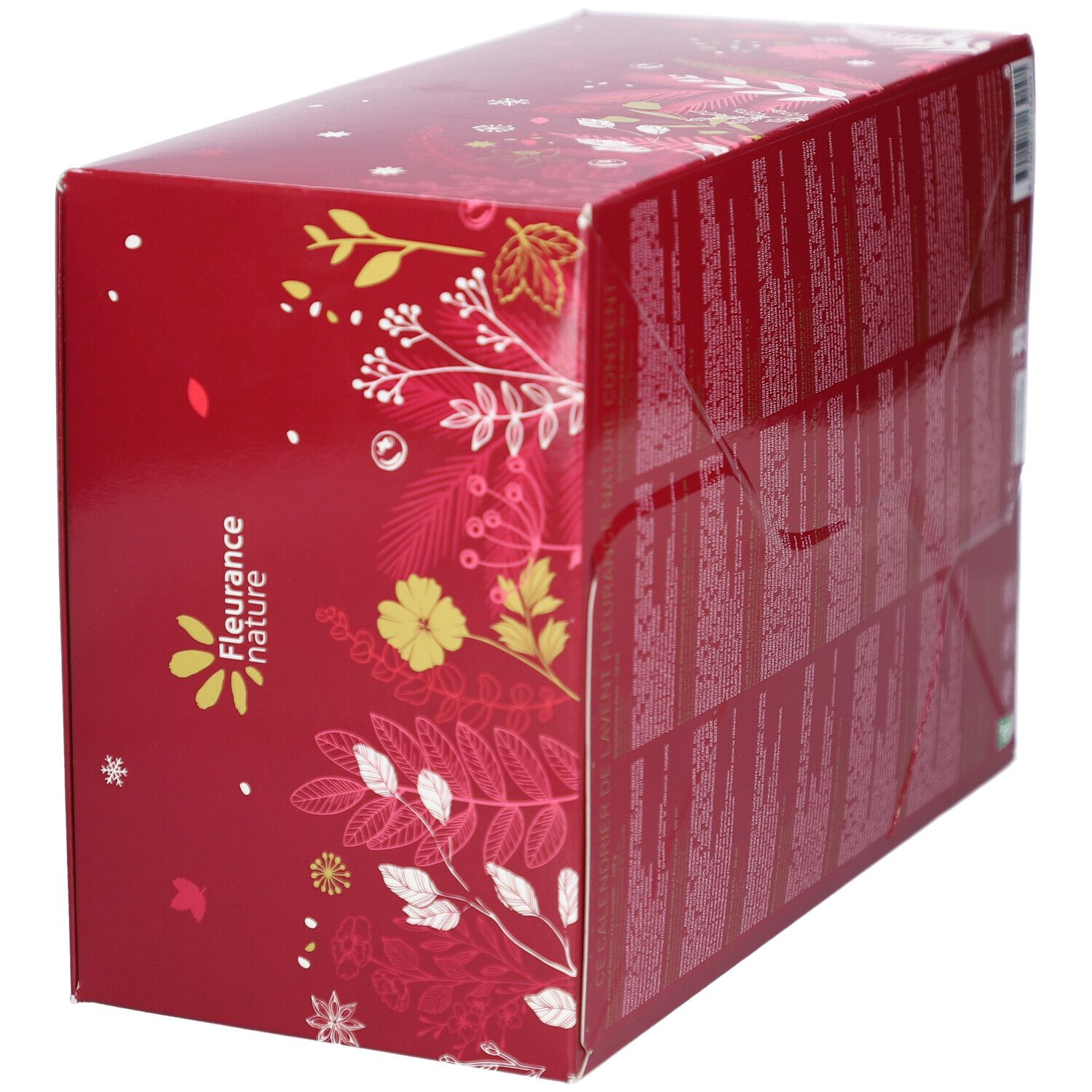 Boîte rouge de calendrier de l'Avent, vue en biais. Motifs floraux et texte. Inscription: FLEURANCE NATURE.