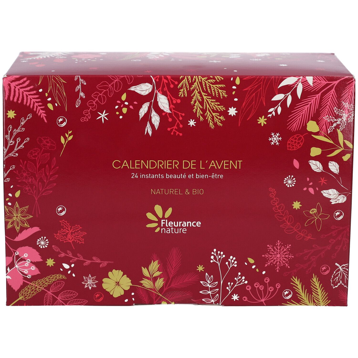 Boîte rouge de calendrier de l'Avent avec motifs floraux et texte. Inscription: CALENDRIER DE L'AVENT, FLEURANCE NATURE.