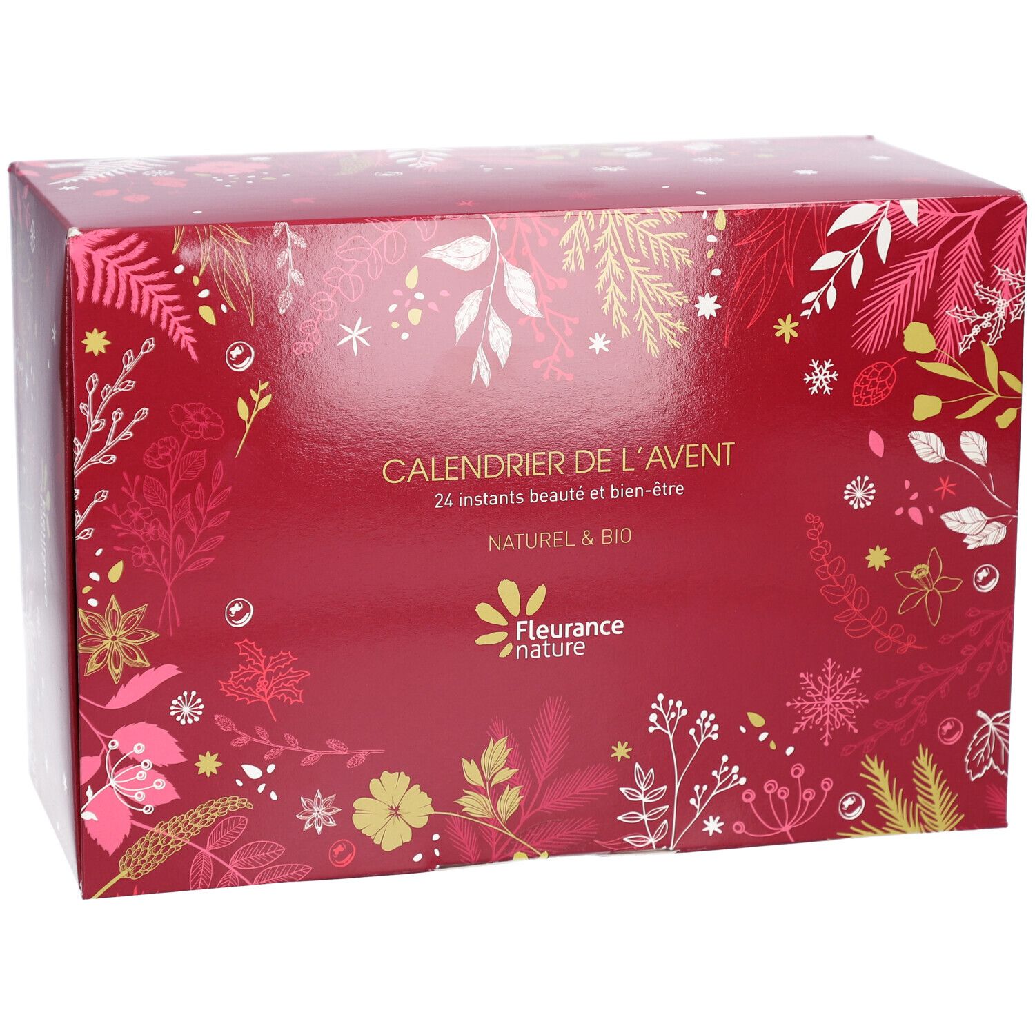 Boîte rouge de calendrier de l'Avent avec motifs floraux et texte. Inscription: CALENDRIER DE L'AVENT, FLEURANCE NATURE.