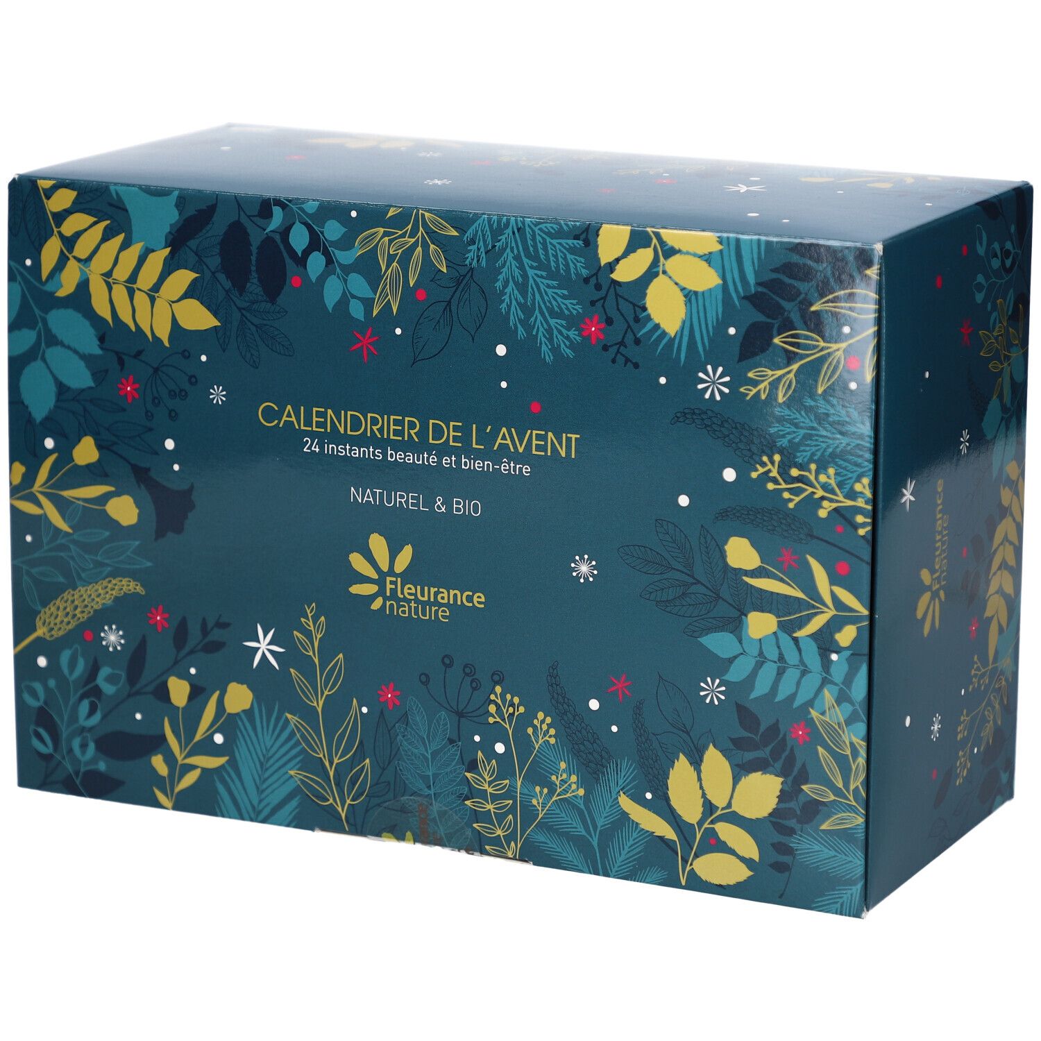 Calendrier de l'Avent avec motif floral. Texte: Calendrier de l'Avent, 24 instants beauté et bien-être, Naturel & Bio. Marque: Fleurance nature.
