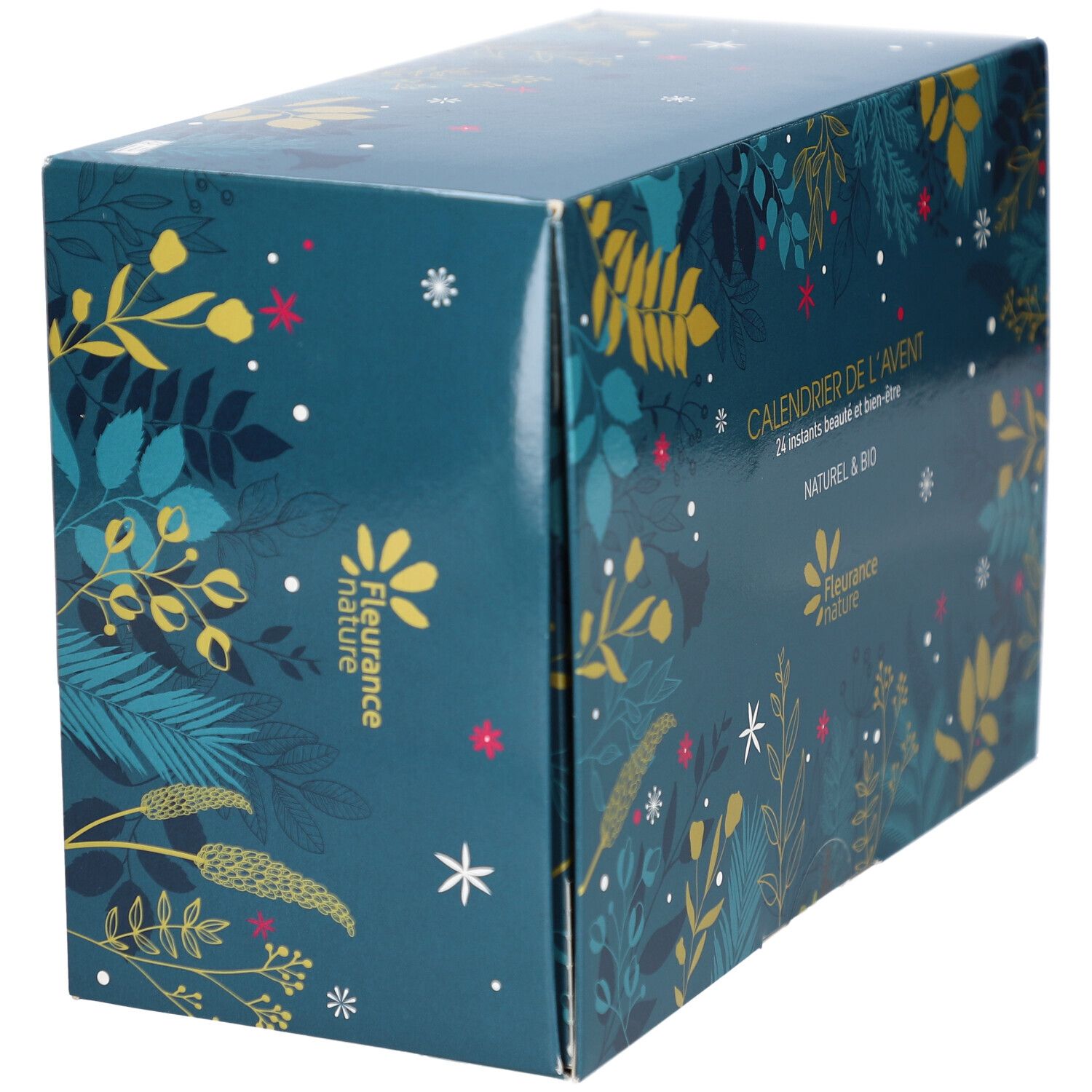 Calendrier de l'Avent avec motif floral. Marque: Fleurance nature. Texte: Calendrier de l'Avent, 24 instants beauté et bien-être, Naturel & Bio.