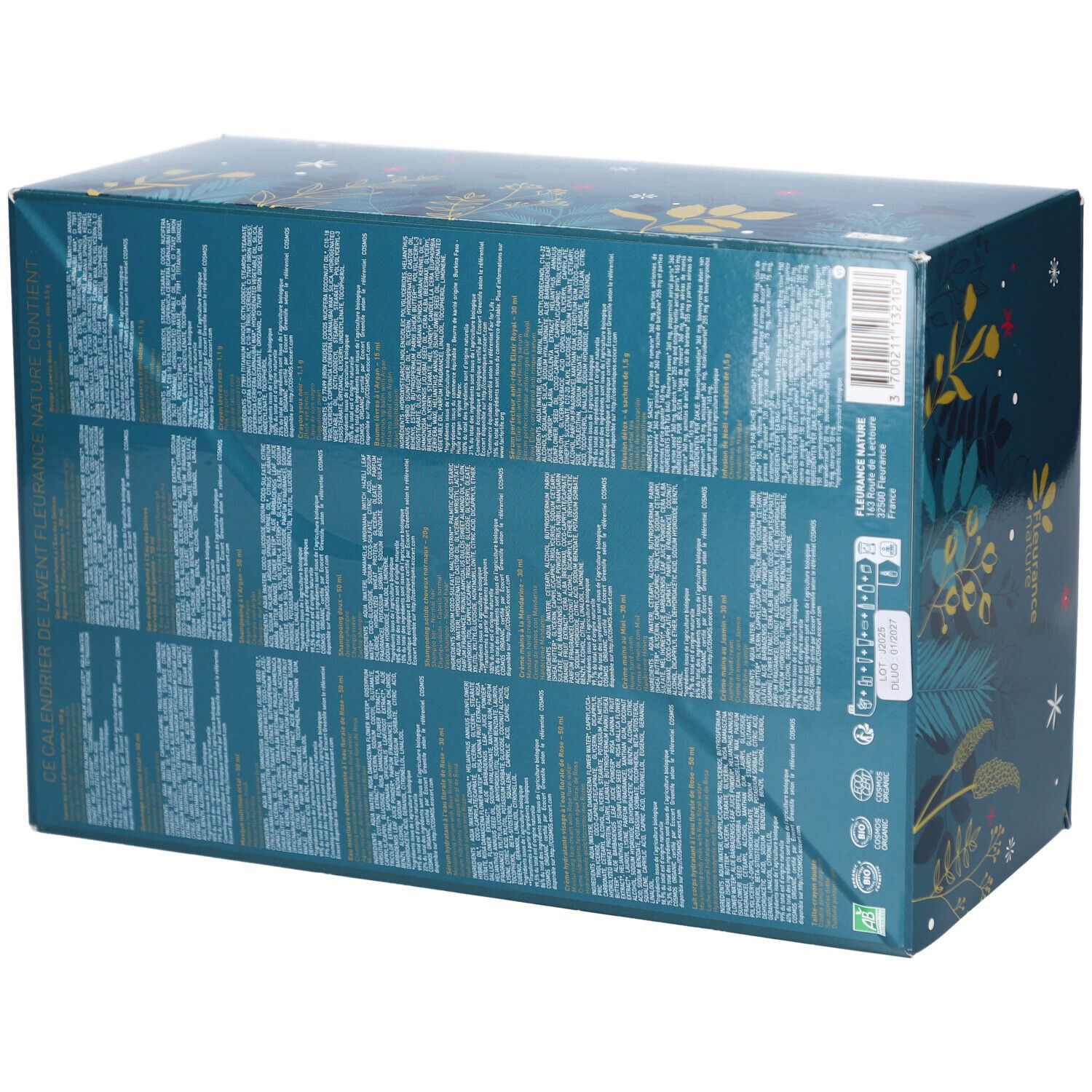 Dos du calendrier de l'Avent. Texte en français. Contient des informations sur le contenu et les ingrédients du produit.