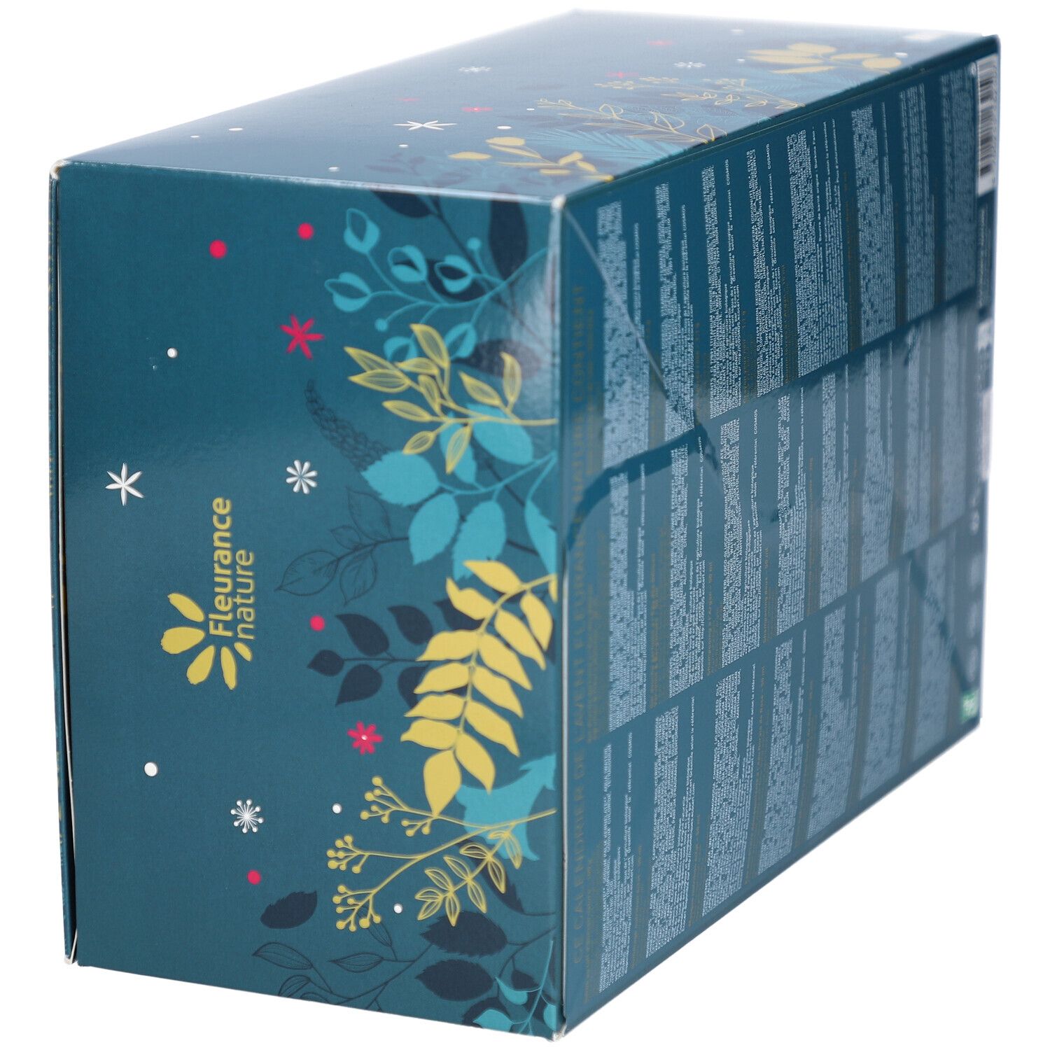 Calendrier de l'Avent avec motif floral. Dos avec texte. Marque: Fleurance nature. Texte: Calendrier de l'Avent, 24 instants beauté et bien-être.