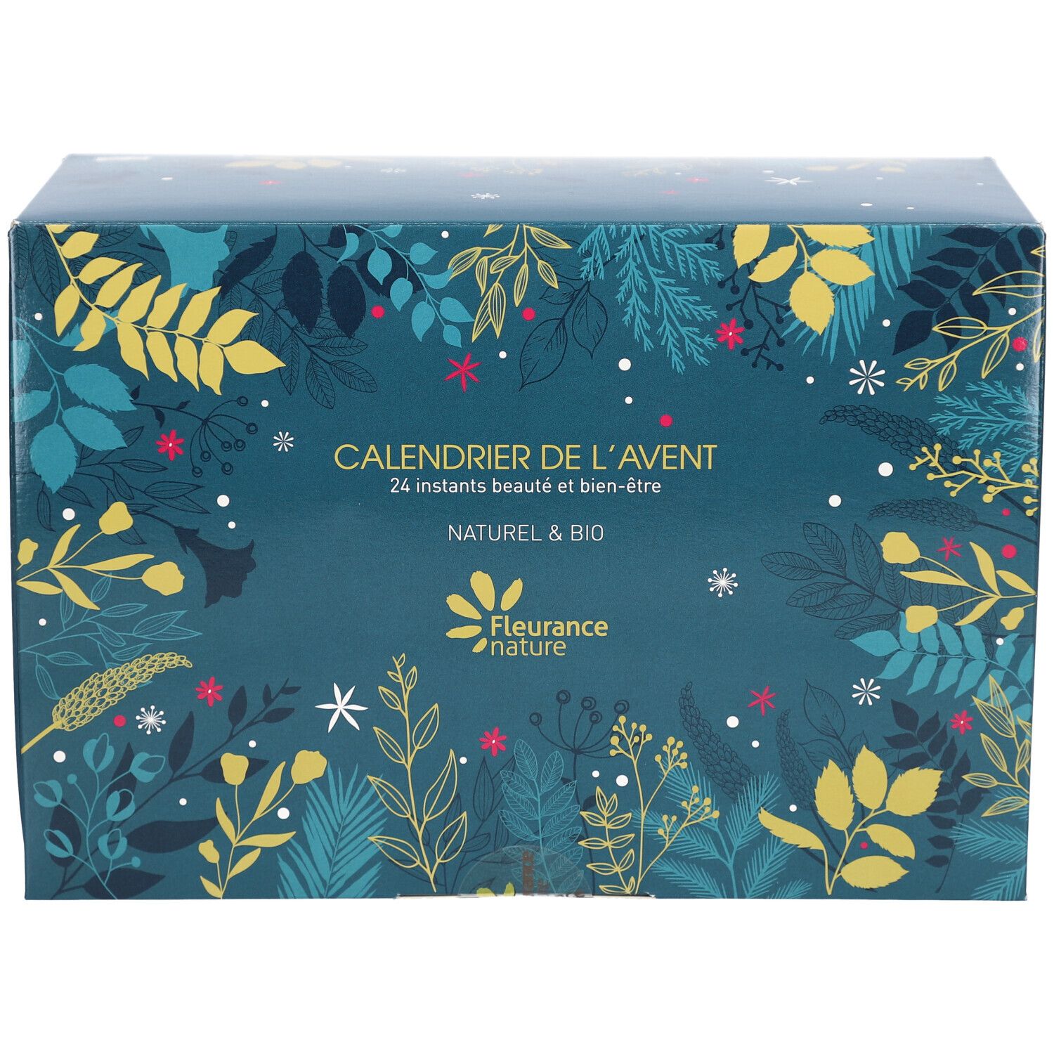 Calendrier de l'Avent avec motif floral. Texte: Calendrier de l'Avent, 24 instants beauté et bien-être, Naturel & Bio. Marque: Fleurance nature.