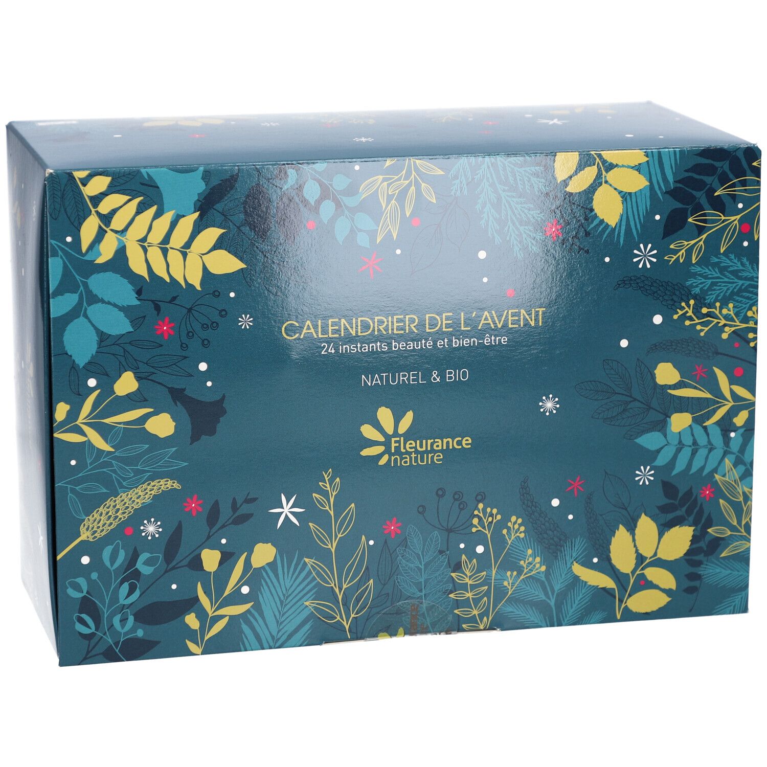 Calendrier de l'Avent avec motif floral. Texte: Calendrier de l'Avent, 24 instants beauté et bien-être, Naturel & Bio. Marque: Fleurance nature.