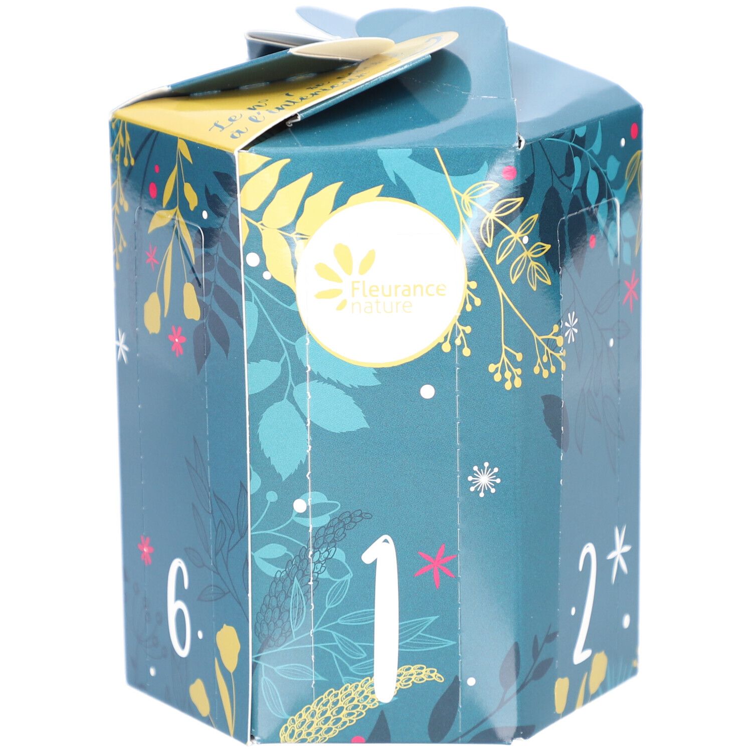 Boîte cadeau hexagonale avec motifs floraux et numéros 1, 2 et 6. Marque: Fleurance Nature.